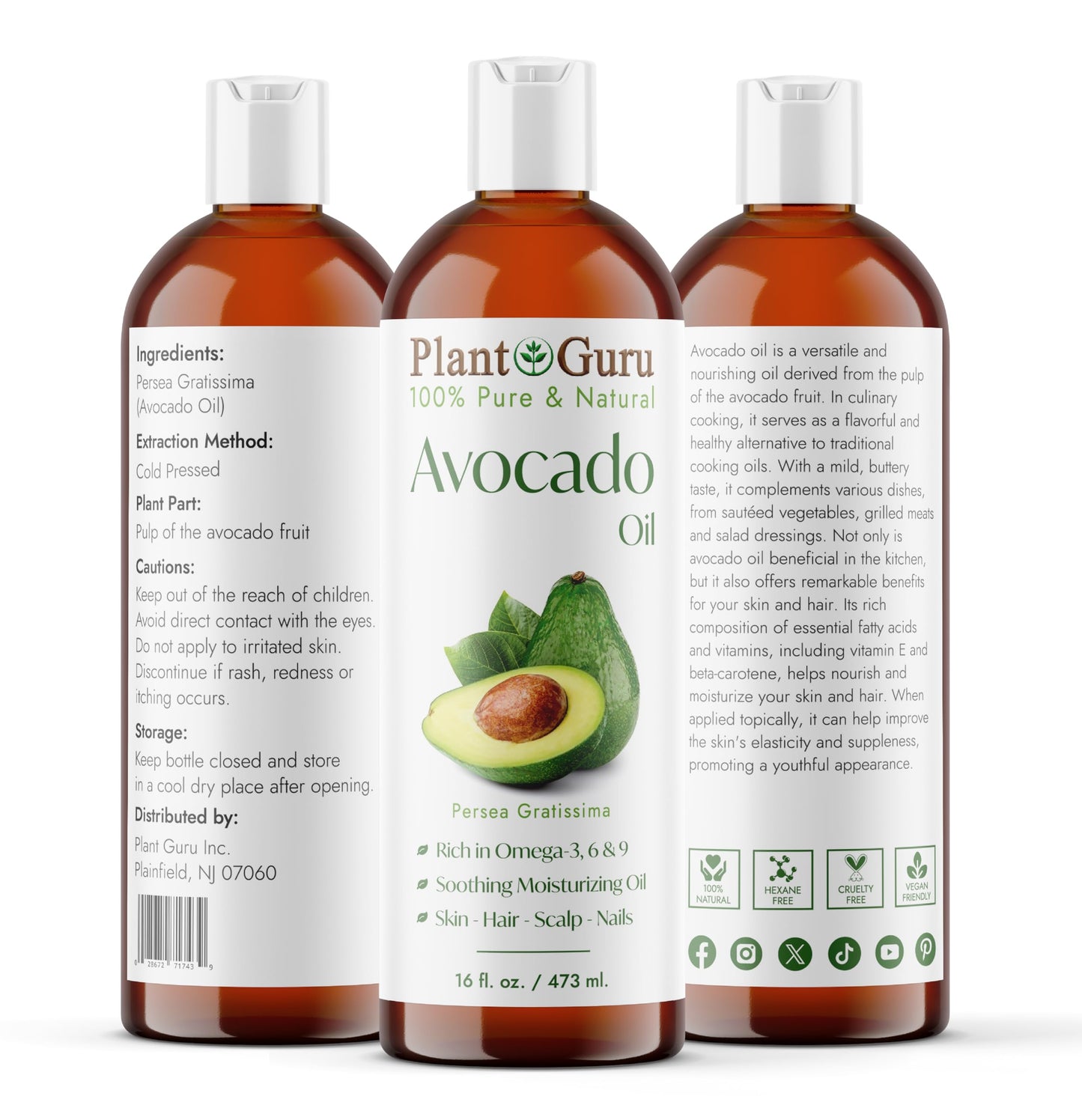 Carrier Oil Variety Set 16 oz Cold Pressed 100% Pure Natural Almond, Avocado, Coconut Fractionated, Grapeseed. For Aromatherapy Essential Oils, Skin Beauty & Personal Care Plant Guru