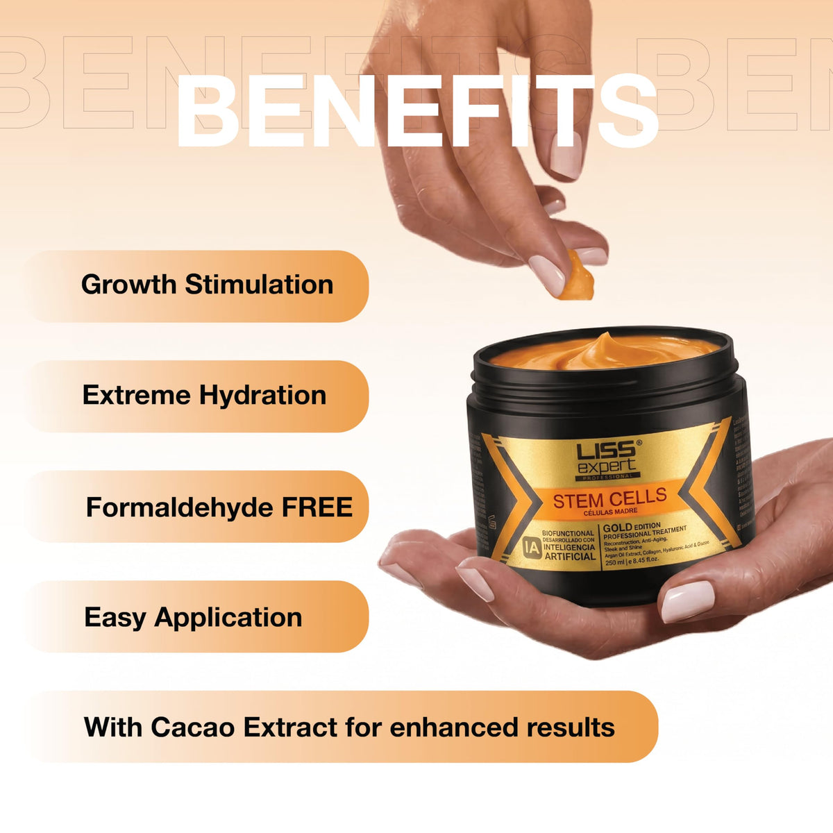 Liss Expert Stem Cells Gold Edition Professional Hair Smoothing Treatment, with Argan Oil, Collagen & Hyaluronic Acid, Shoulder Length, 8.45 fl oz