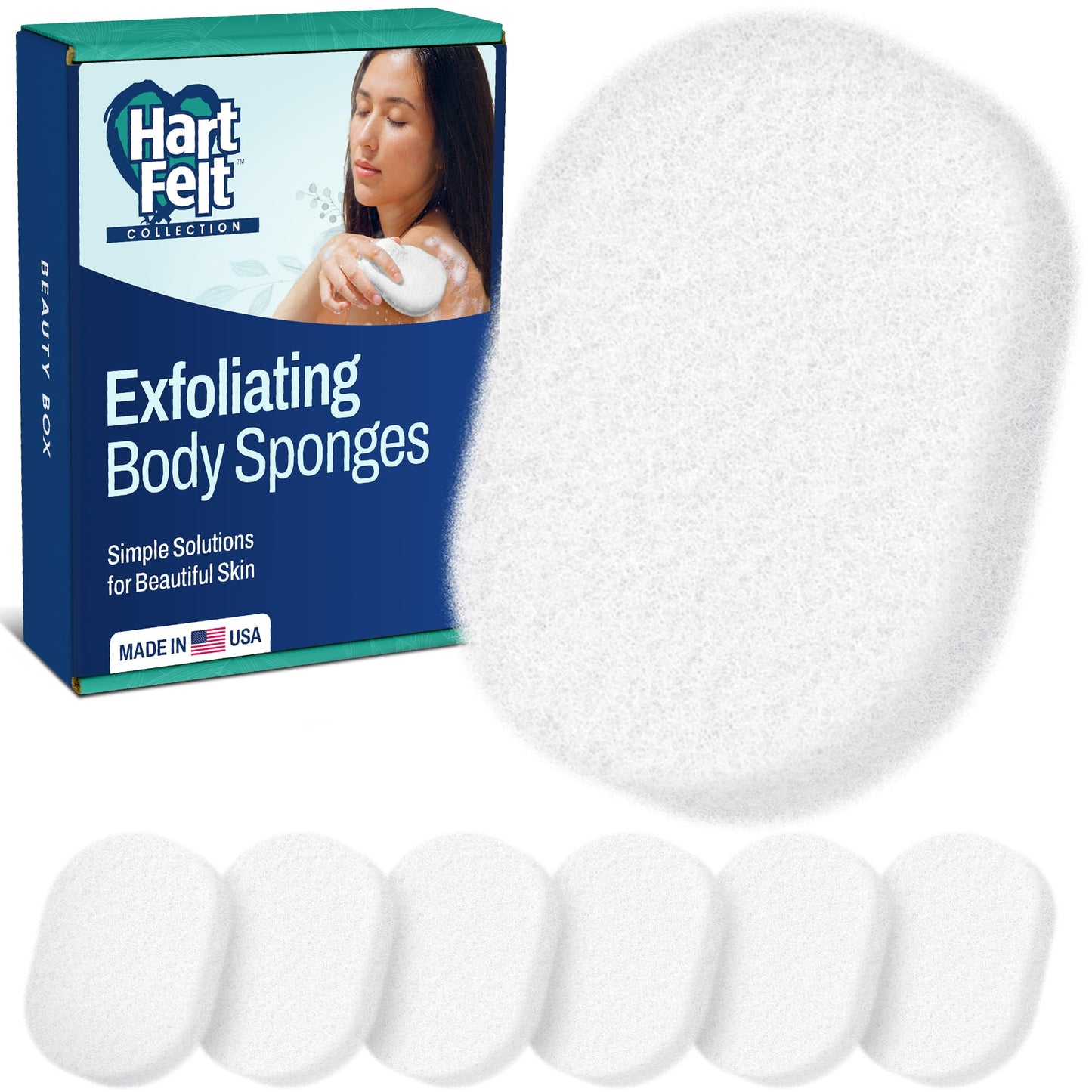 HartFelt 7 Pack Body Exfoliation Beauty Box with Body Wash Scrubber - Super Soft Exfoliating Bath Sponges for Shower Women & Men - Chemical-Free Beauty and Personal Care HartFelt