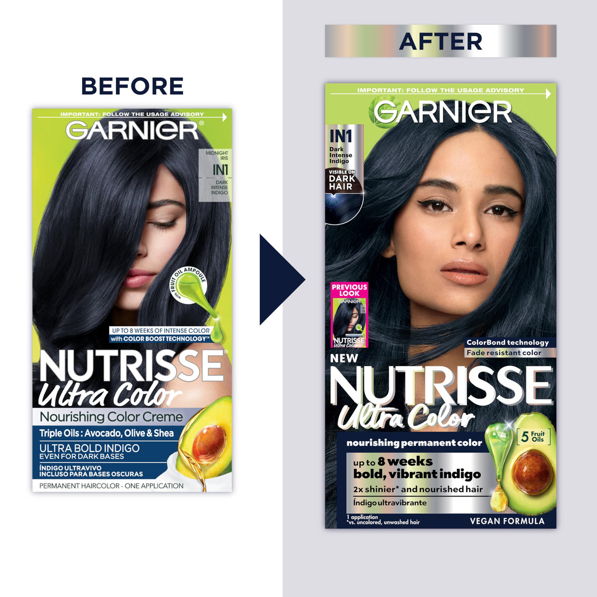 Garnier Hair Color Nutrisse Ultra Color Nourishing Creme, IN1 Dark Intense Indigo (Midnight Iris) Blue Permanent Hair Dye, 1 Count (Packaging May Beauty & Personal Care Garnier