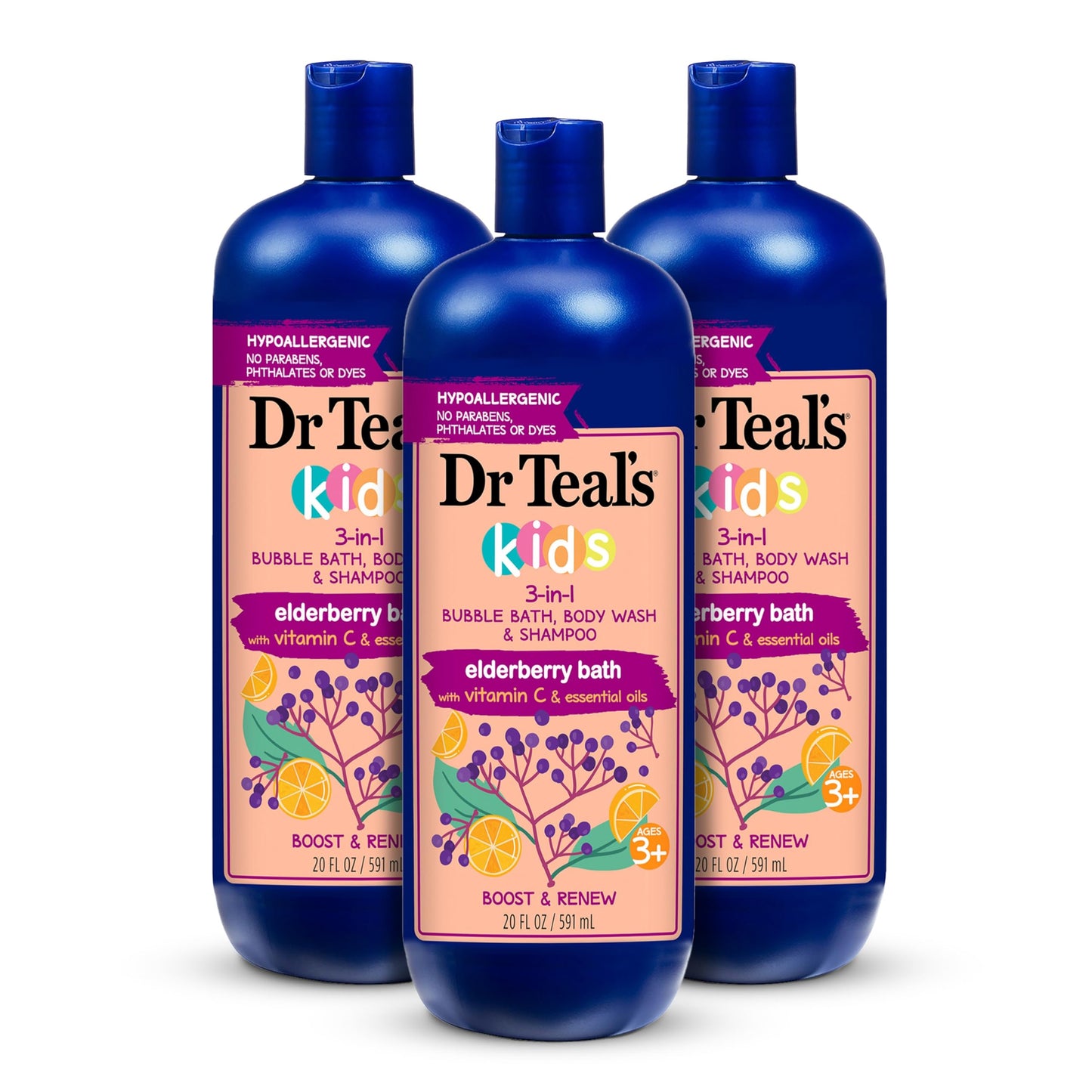 Dr Teal's Kids 3-in-1 Bubble Bath, Body Wash & Shampoo, Boost & Renew Elderberry with Vitamin C, 20 fl oz. (Pack of 3) Beauty & Personal Care Dr Teal's