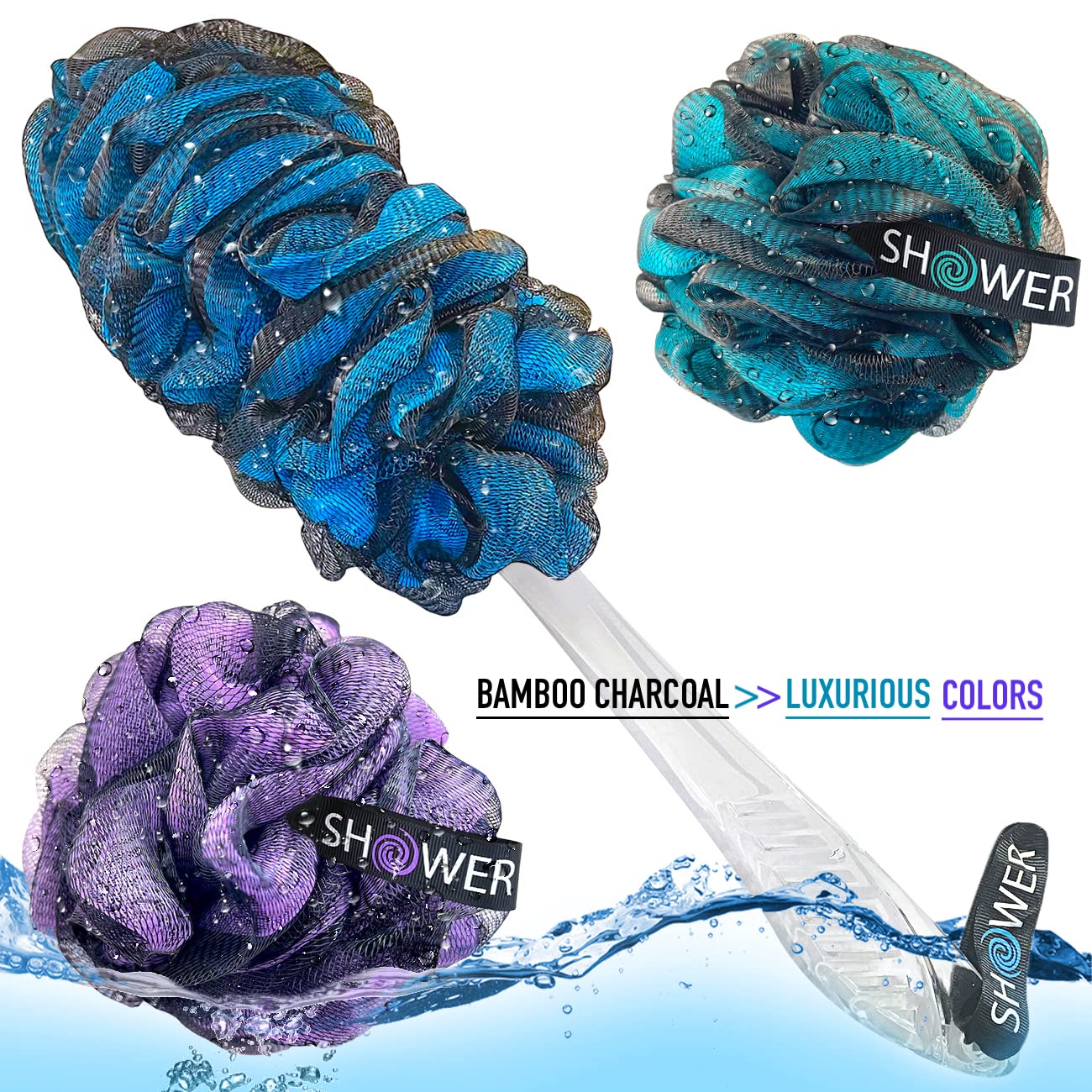 SHOWER BOUQUET Loofah-Charcoal Back-Scrubber & Bath-Sponge Color-Set // 1 Long-Handle-Back-Brush plus 2 Extra Large 75g Soft Mesh Loofa Lufa Loufa Beauty & Personal Care Shower Bouquet