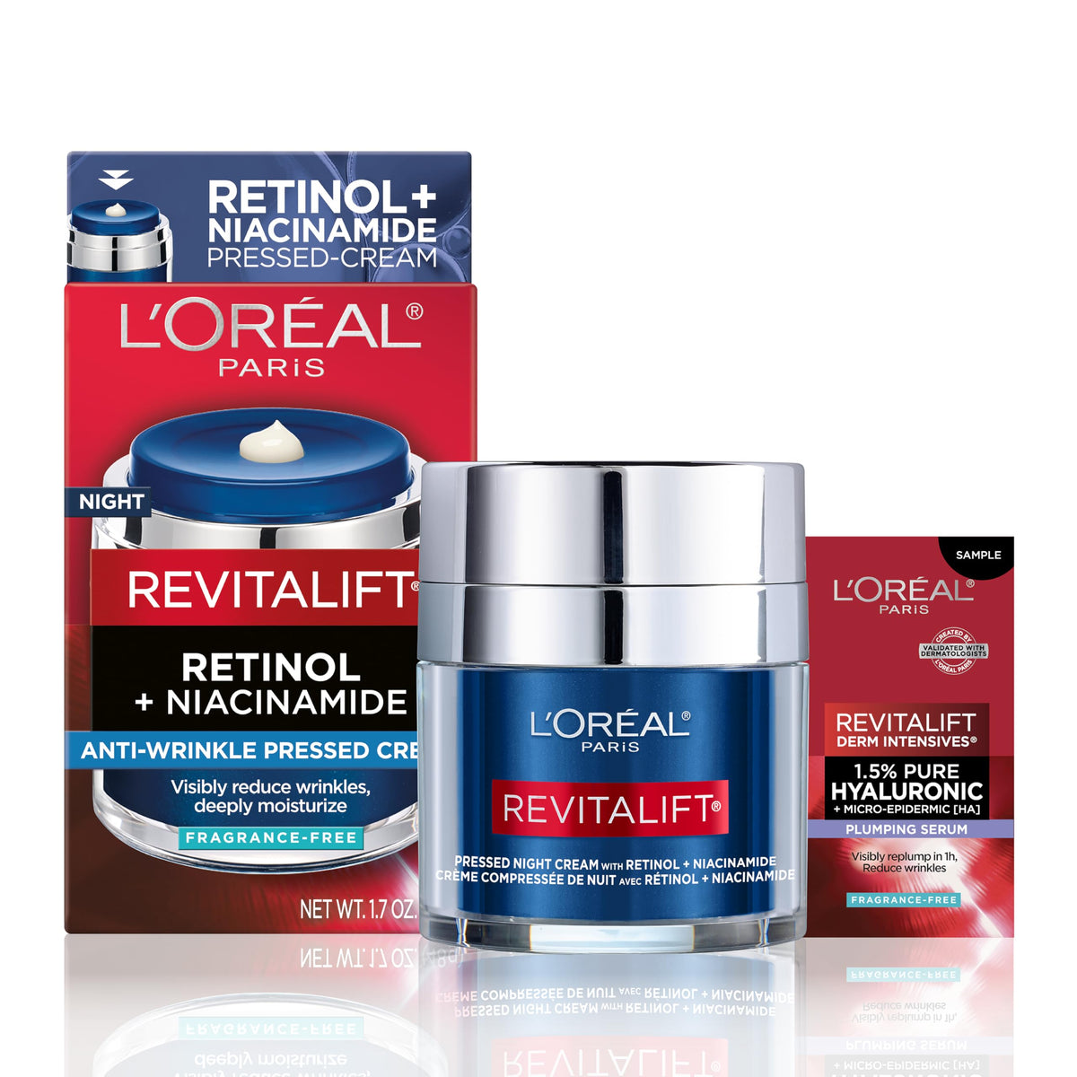 L'Oreal Paris Revitalift Pressed Night Cream, Retinol + Niacinamide, Reduces Wrinkles, Fragrance Free, 1.7 oz + Serum Sample