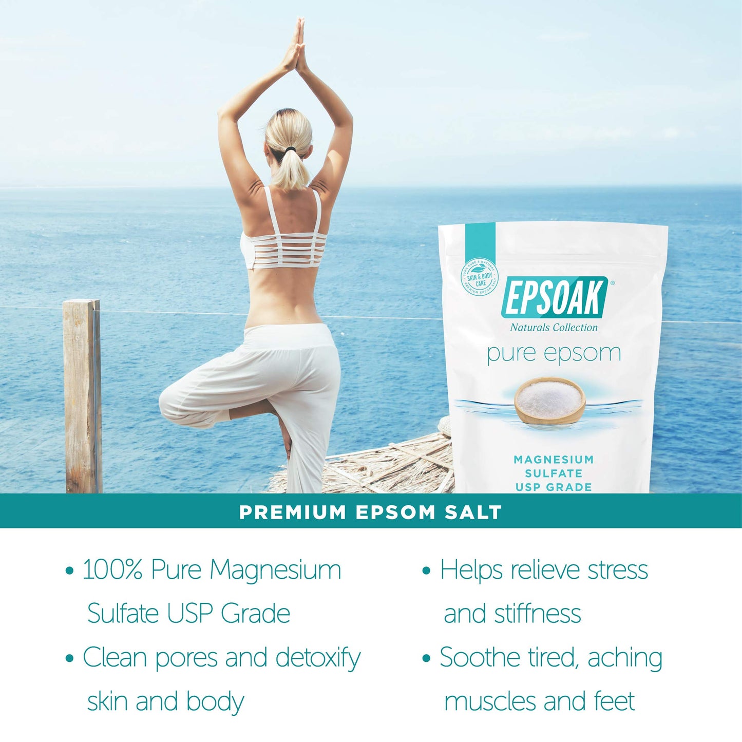 Epsoak Epsom Salt 2 lb. Magnesium Sulfate USP. Resealable Epsom Salt Bag Unscented, Made in The USA, Cruelty-Free Certified Beauty and Personal Care Epsoak