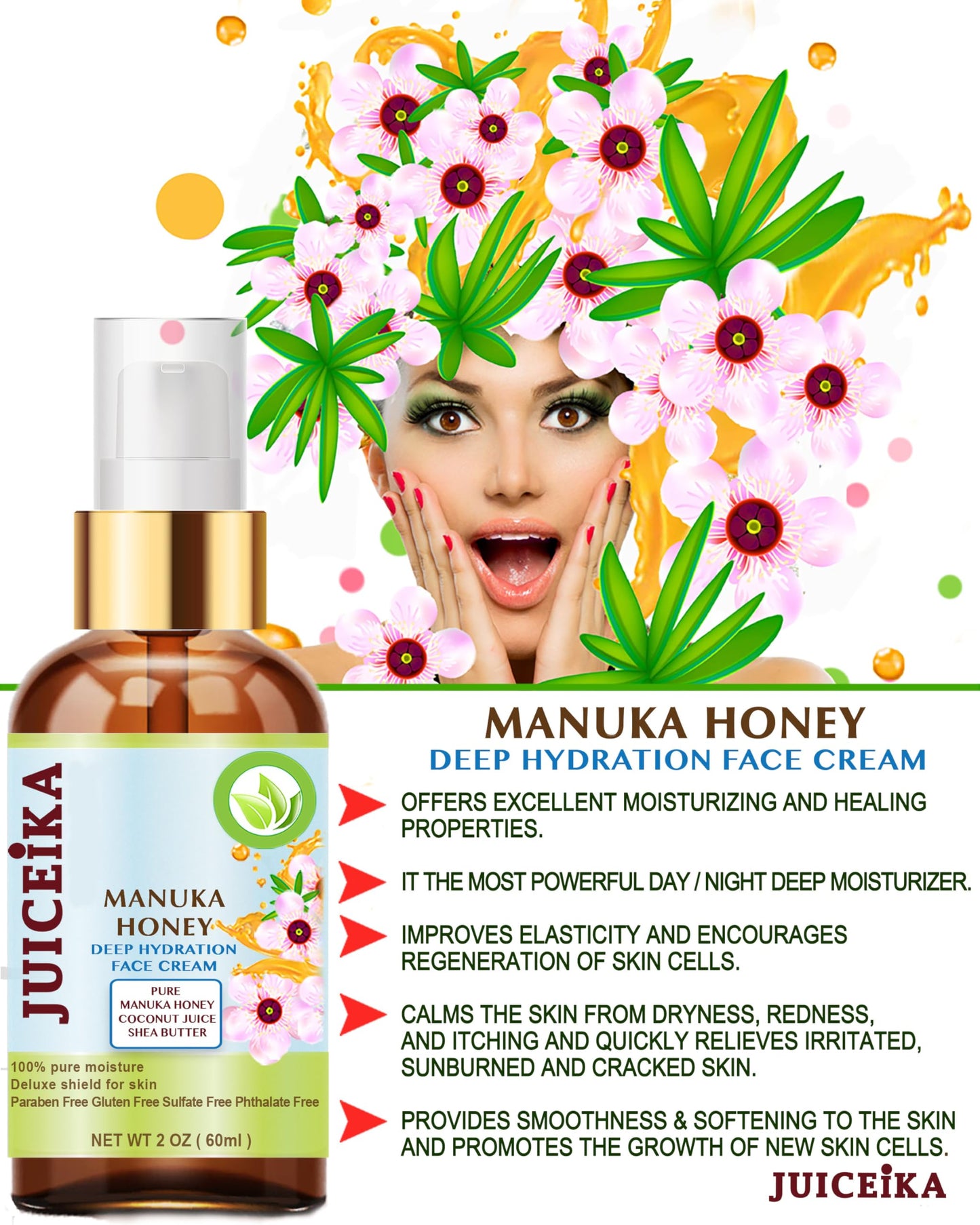 Juiceika MANUKA HONEY Deep Hydration Face Cream Face Moisturizer. Manuka Oil, Aloe Vera, Shea Butter, Coconut Oil, Jojoba Oil, Squalane, Hyaluronic Beauty & Personal Care Juiceika