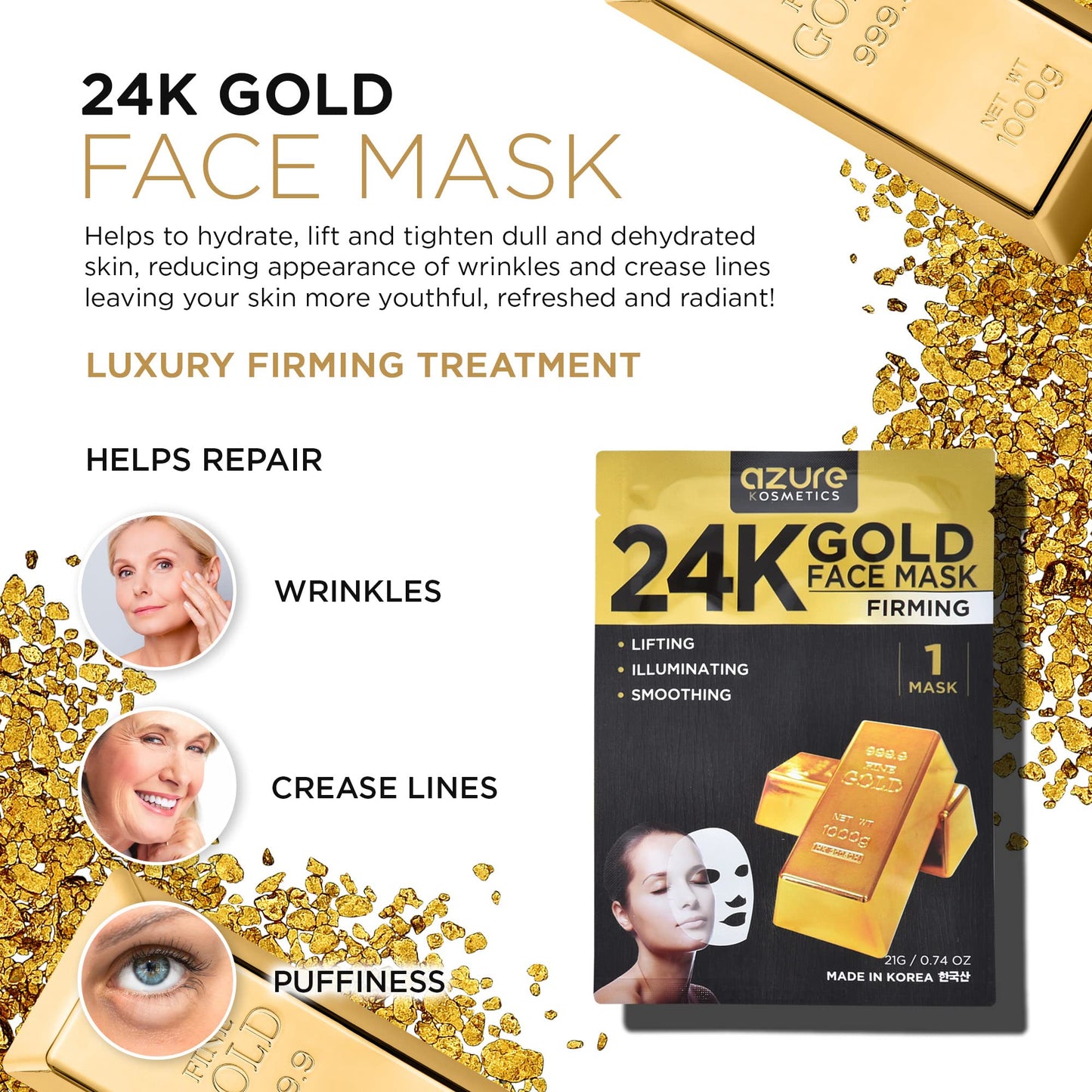 Azure Cosmetics 24K Gold Firming Face Mask- Anti Aging, Hydrating, Toning & Firming Facial Mask - Helps Reduce Wrinkles & Fine Lines with Hyaluronic Beauty & Personal Care Azure Cosmetics