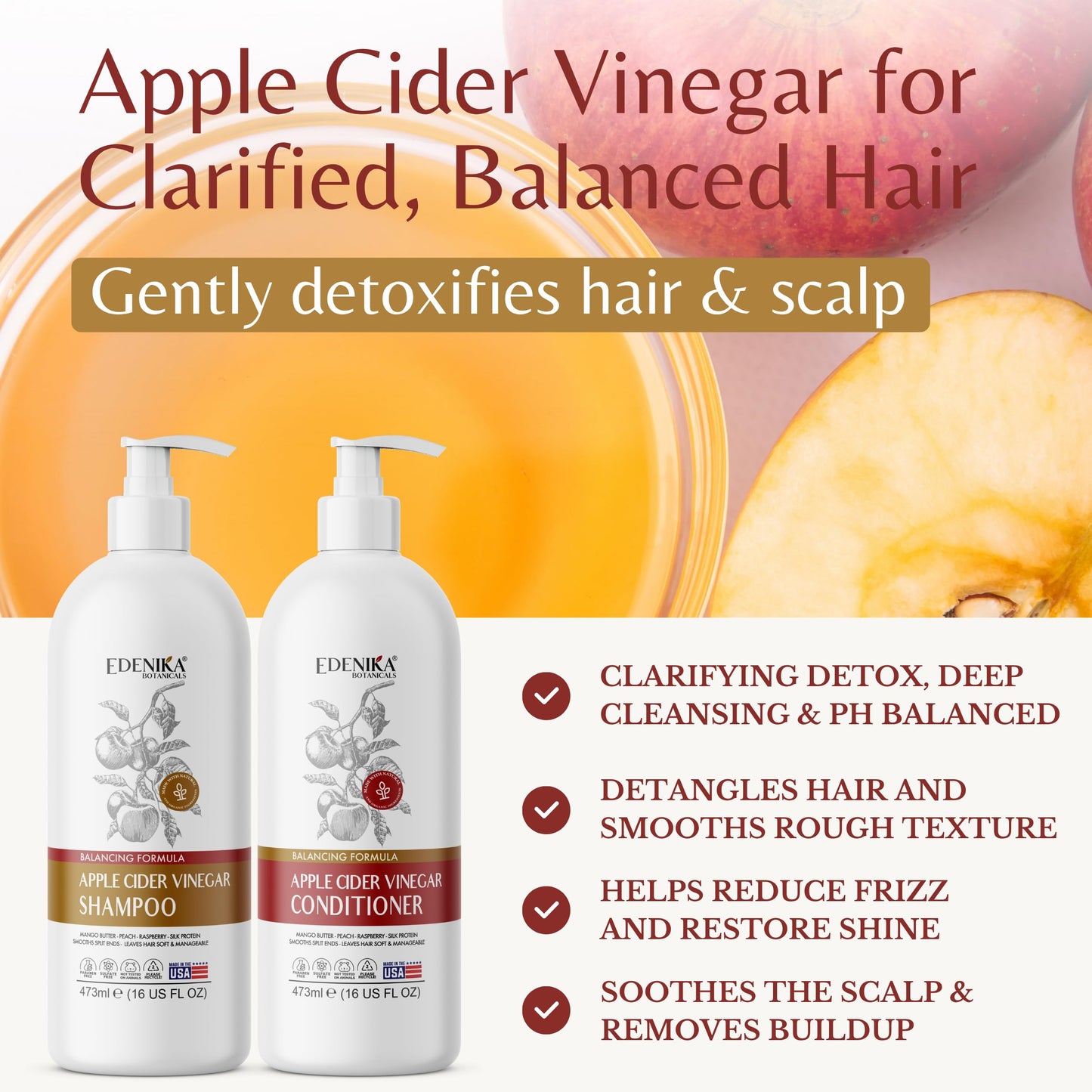 Edenika Botanicals Apple Cider Vinegar Shampoo and Conditioner Set, Deep Cleans, Clarifies, Detoxes Scalp & Hair, Balances pH, Botanical, Sulfate Beauty & Personal Care EDENIKA BOTANICALS
