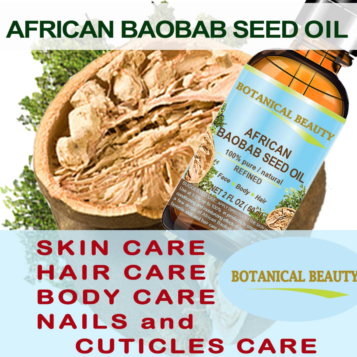 Botanical Beauty BAOBAB SEED OIL 100% Pure Natural Refined Cold-Pressed Carrier Oil 0.5 Fl oz 15 ml For Face Skin Body Hair Lip Nails Rich in Vitamin Beauty & Personal Care Botanical Beauty