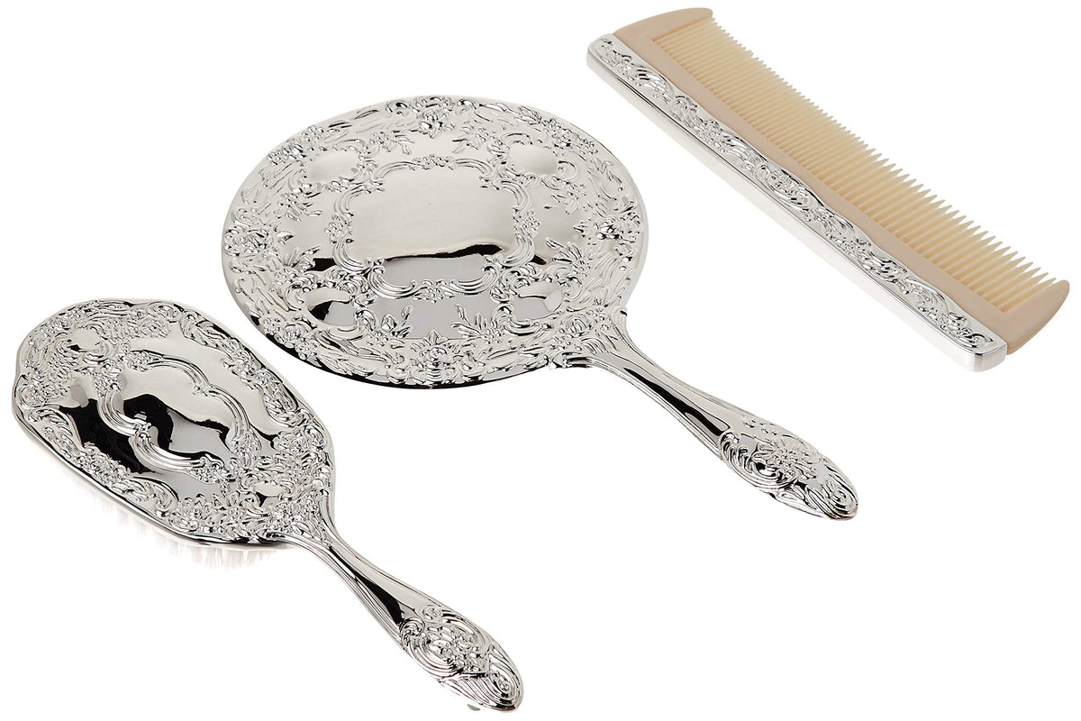 3 pc Silver Chrome Girls Vanity Set Comb Brush Mirror.