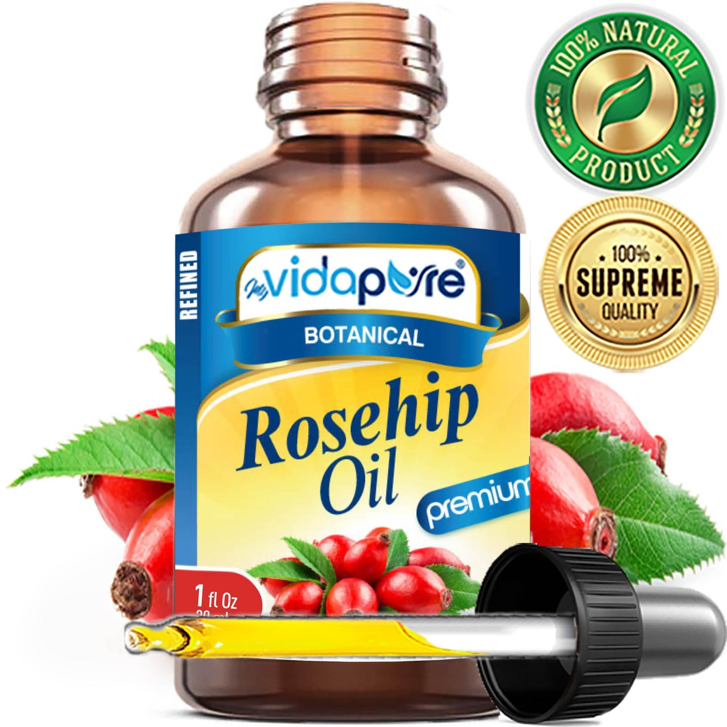 MYVIDAPURE Rosehip Oil Vitamin A, Vitamin C, Vitamen E for Wrinkles, Scars, Stretch Marks, Face, Body, Hair, Lip Care. (1 Fl Oz) Beauty & Personal Care MYVIDAPURE