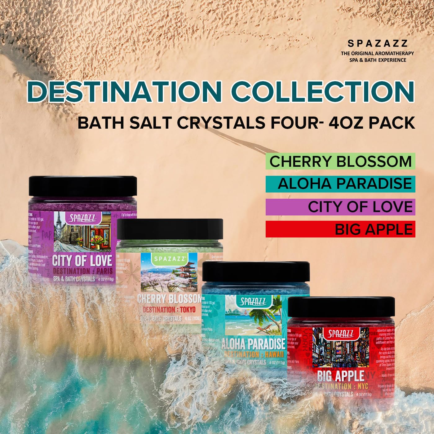 Hot Tub & Spa Aromatherapy Bath Salt Crystal Scents Spazazz Destinations Collection Bundle Aloha Paradise, Big Apple, City of Love, Cherry Blossom Beauty and Personal Care Spazazz