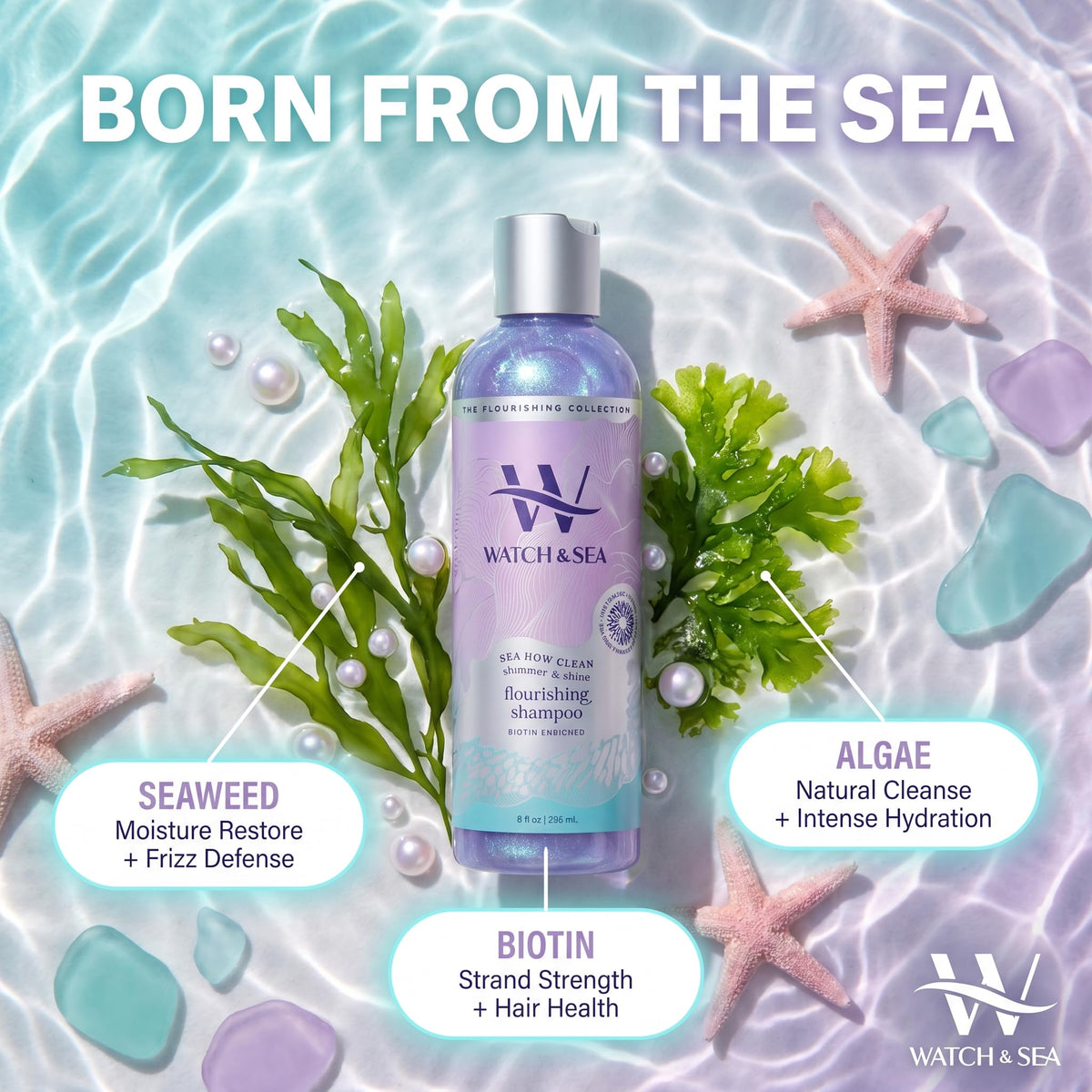 Watch & Sea Shimmer & Shine Flourishing Shampoo - “Sea How Clean” Hydrating Shampoo for Curly Hair with Seaweed and Sea Kelp - Great for Everyday Use