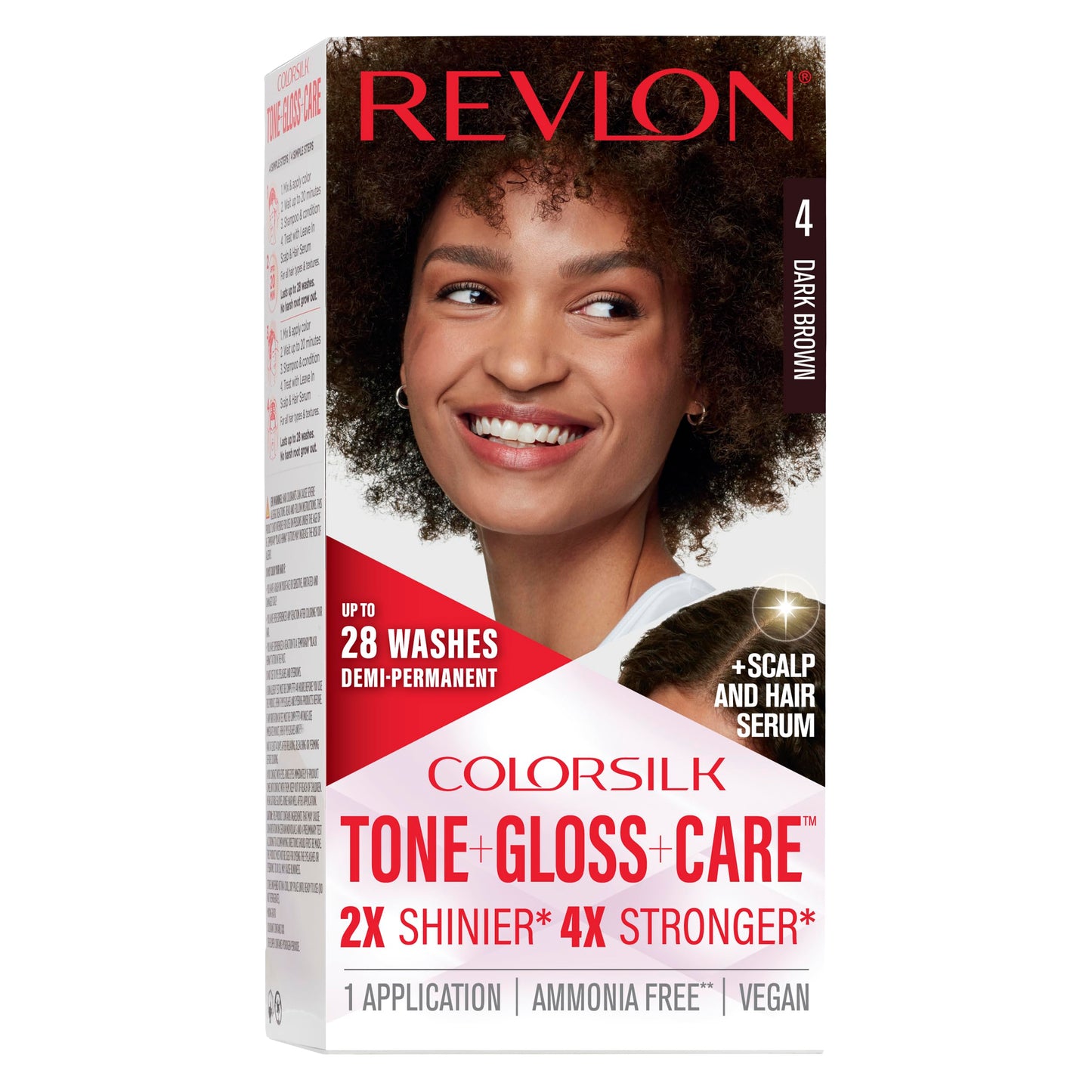 Revlon ColorSilk Tone + Gloss + Care Demi Permanent Hair Color, Dye Kit with Leave-In Scalp and Haircare Serum, 2x Shinier, 4x Stronger, 4 Dark Brown Beauty & Personal Care REVLON