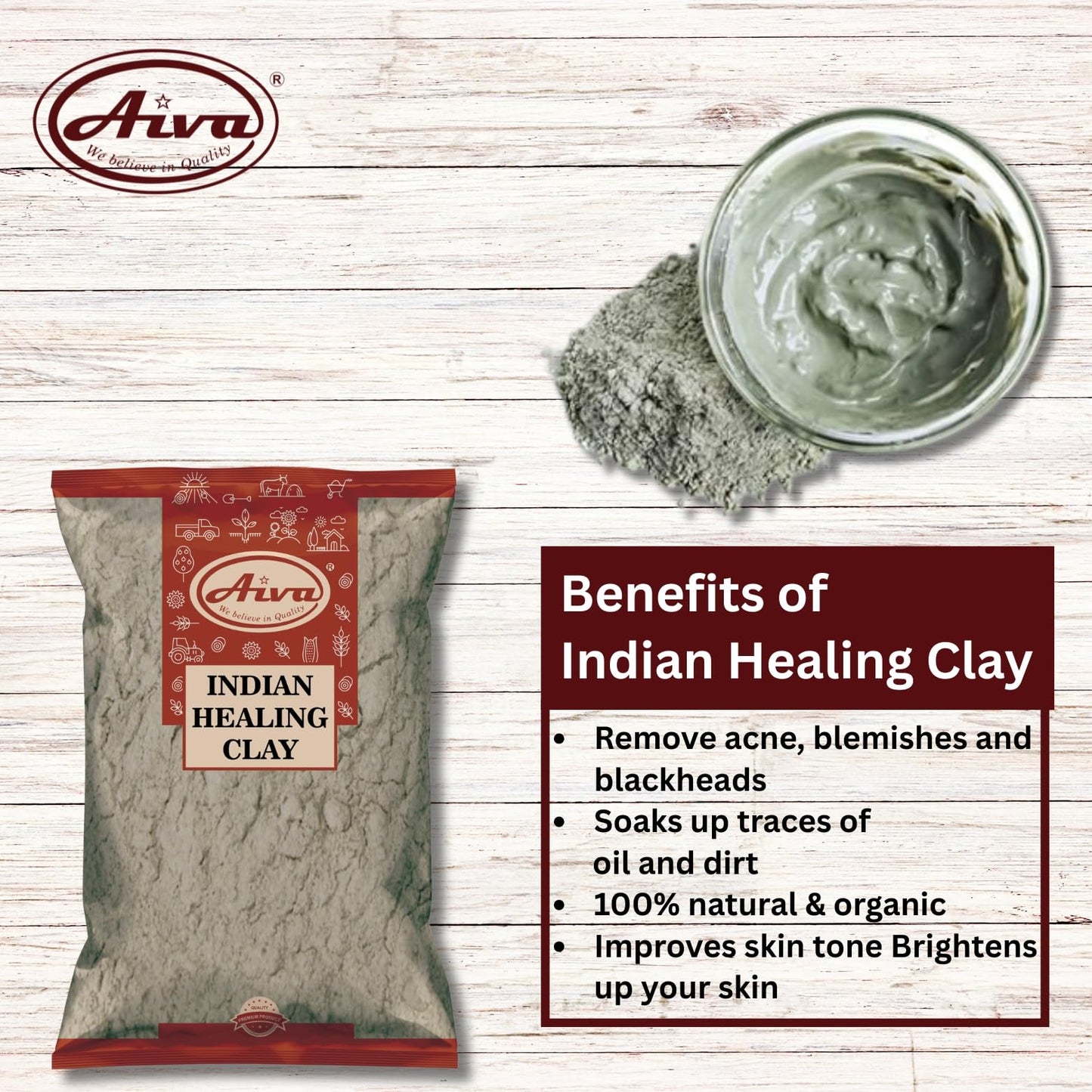 Aiva Indian Healing Clay | Deep Pore Cleansing Facial & Body Mask | Healthcare 100% Natural Calcium Bentonite Clay - 1lb Beauty & Personal Care AIVA WE BELIEVE IN QUALITY