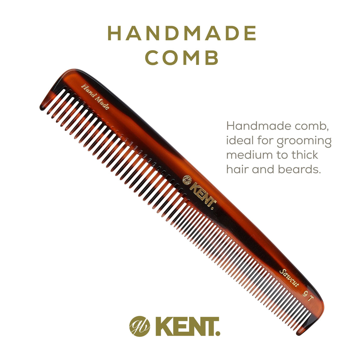 Kent 9T Tortoiseshell Fine Tooth and Wide Tooth Comb - Large Handmade and Saw-Cut Fine Hair Dressing Comb - Wet Hair Detangler Combs for Women and