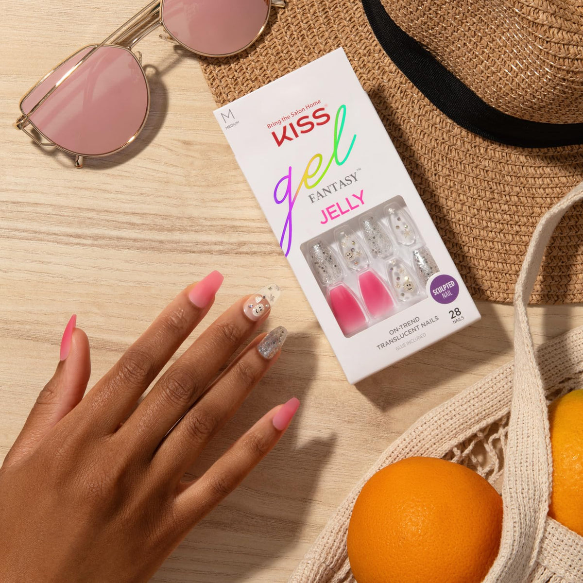 KISS Gel Fantasy Press On Nails, Nail glue included, 'Fun & Jelly', Pink, Medium Size, Coffin Shape, Includes 28 Nails, 2g glue, 1 Manicure Stick, 1