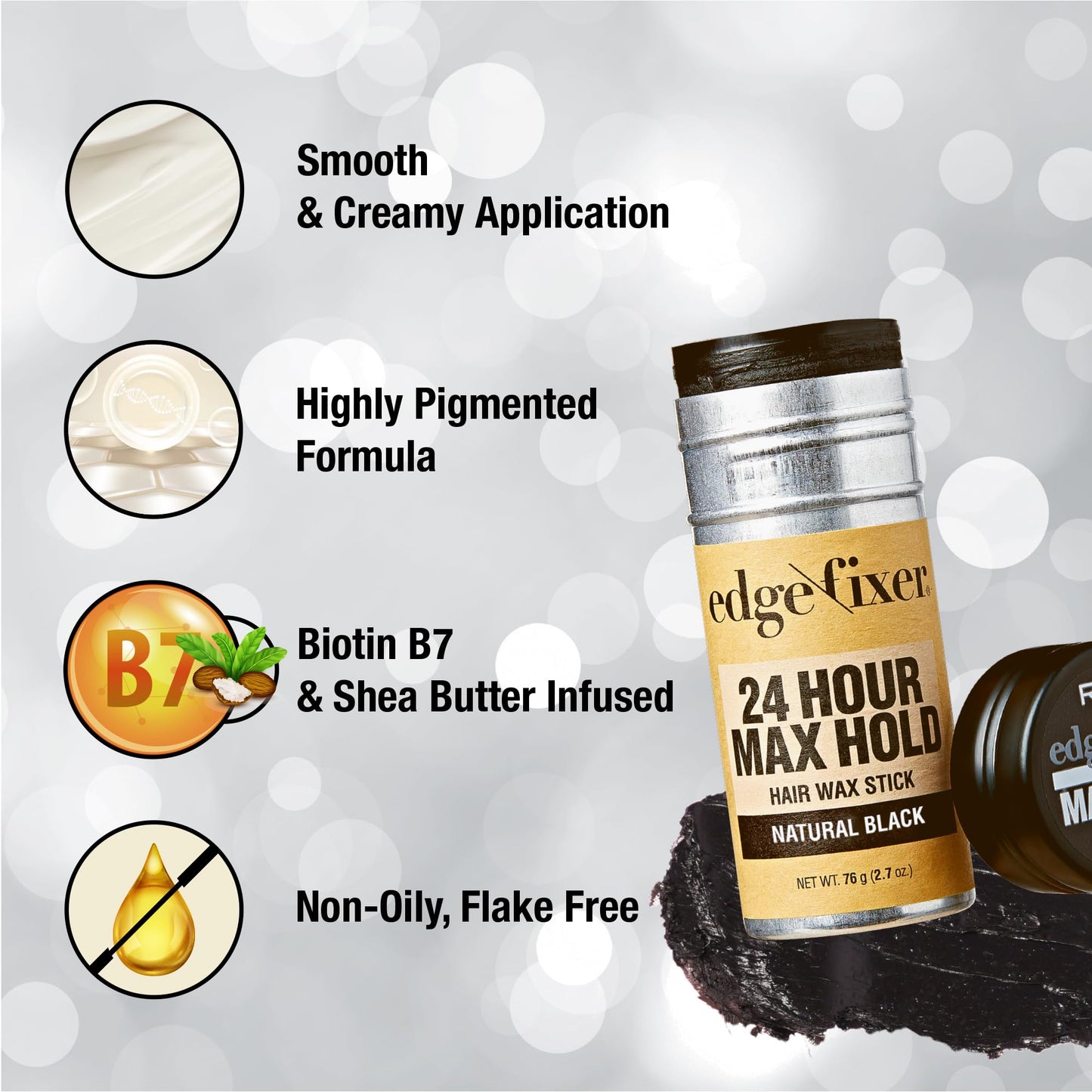 Red by Kiss Hair Wax Stick 24HR Max Hold Edge Fixer Edge Control Pomade Non-Sticky, Non-Oily Flake Free Hair Styling Wax 2.7 oz. (Natural Black) Beauty & Personal Care Red by Kiss