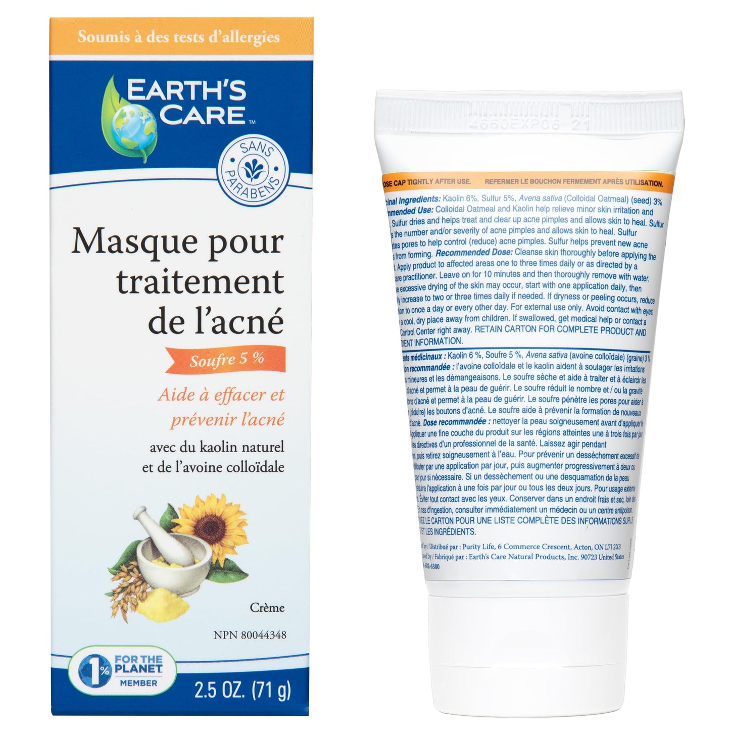 Earth's Care Acne Treatment Mask - 5% Sulfur Cystic Acne Treatment - Acne Medicine for Face Pimples and Blackheads (Tube 2.5 OZ) Beauty & Personal Care Earth's Care