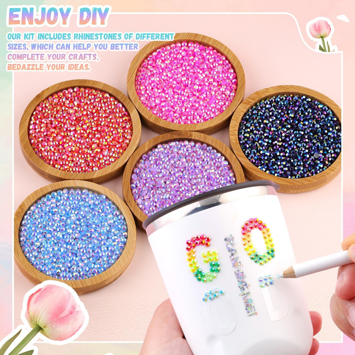 BELLEBOOST 50000Pcs 40 Colors Jelly Rhinestones Bedazzling kit, 3mm Multicolor Resin Flatback Gems for Diamond Art, Bedazzler Kit with 3Pcs 10ml B7000
