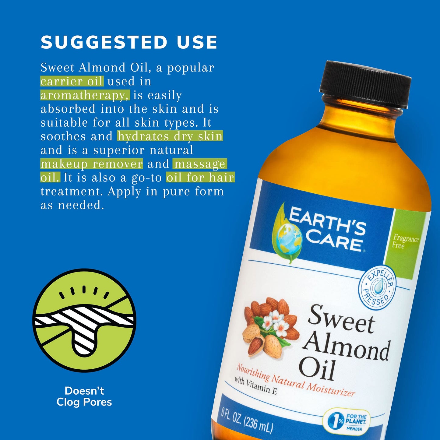 Earth’s Care Sweet Almond Oil - Expeller Pressed Almond Oil for Skin and Hair, Glass Bottle, Unscented, 8 FL. OZ. Beauty & Personal Care Earth's Care