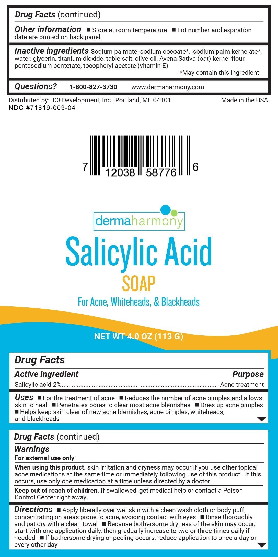 Dermaharmony 2% Salicylic Acid Natural Soap for Acne (4 oz Bar) Beauty & Personal Care Dermaharmony
