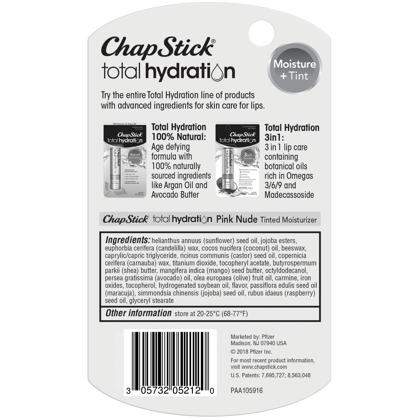 ChapStick Total Hydration Moisture + Tint Pink Nude Tinted Lip Balm Tube, Tinted Moisturizer - 0.12 Oz Beauty and Personal Care ChapStick