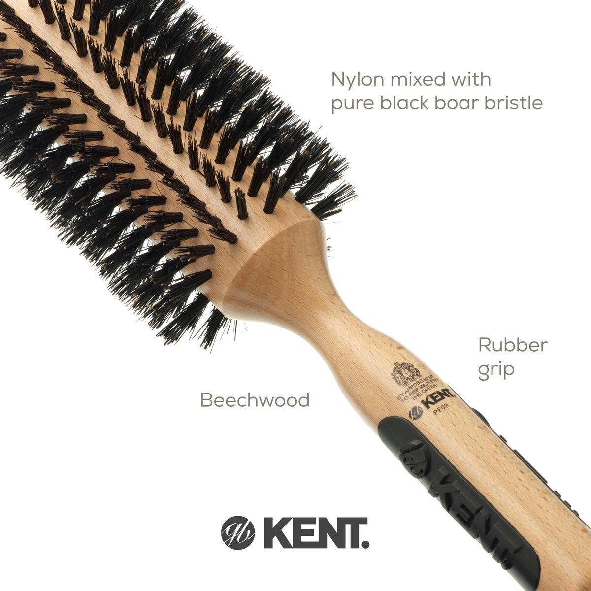Kent PF09 Large Round Curling Brush with Hard Natural Boar Bristle - Hair Drying Brush and Blowout - Round Brushes for Dry Hair - For Shoulder Length