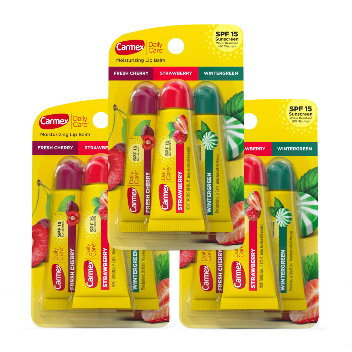 Carmex Daily Care Moisturizing Lip Balm Tubes with SPF, Fresh Cherry, Strawberry and Wintergreen Lip Balm Pack, 0.35 OZ - (3 Packs of 3) Beauty & Personal Care Carmex