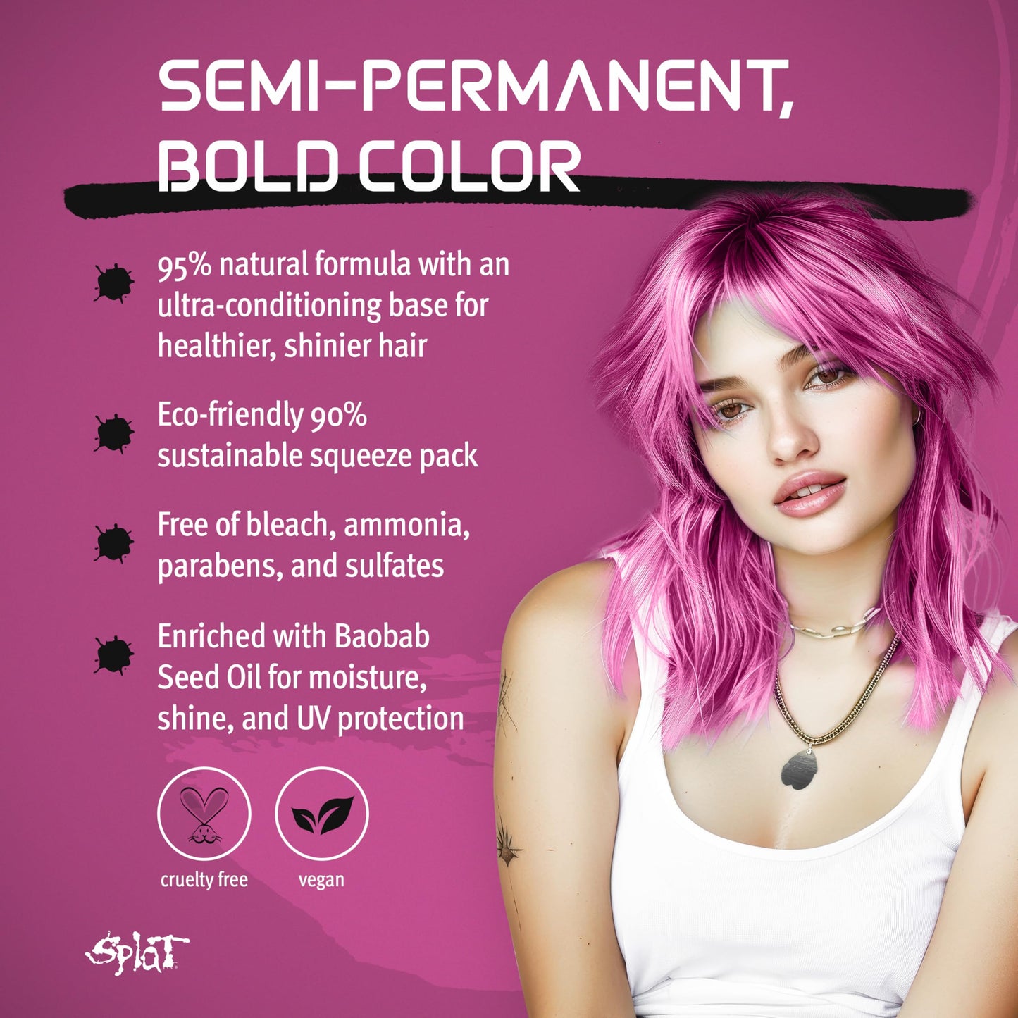 Splat Naturals Semi-Permanent Hair Color, Magenta, 6 fl. oz., 95% Natural Hair Dye Formula Lasts Up to 30 Washes, Vegan & Cruelty-Free Beauty & Personal Care Splat