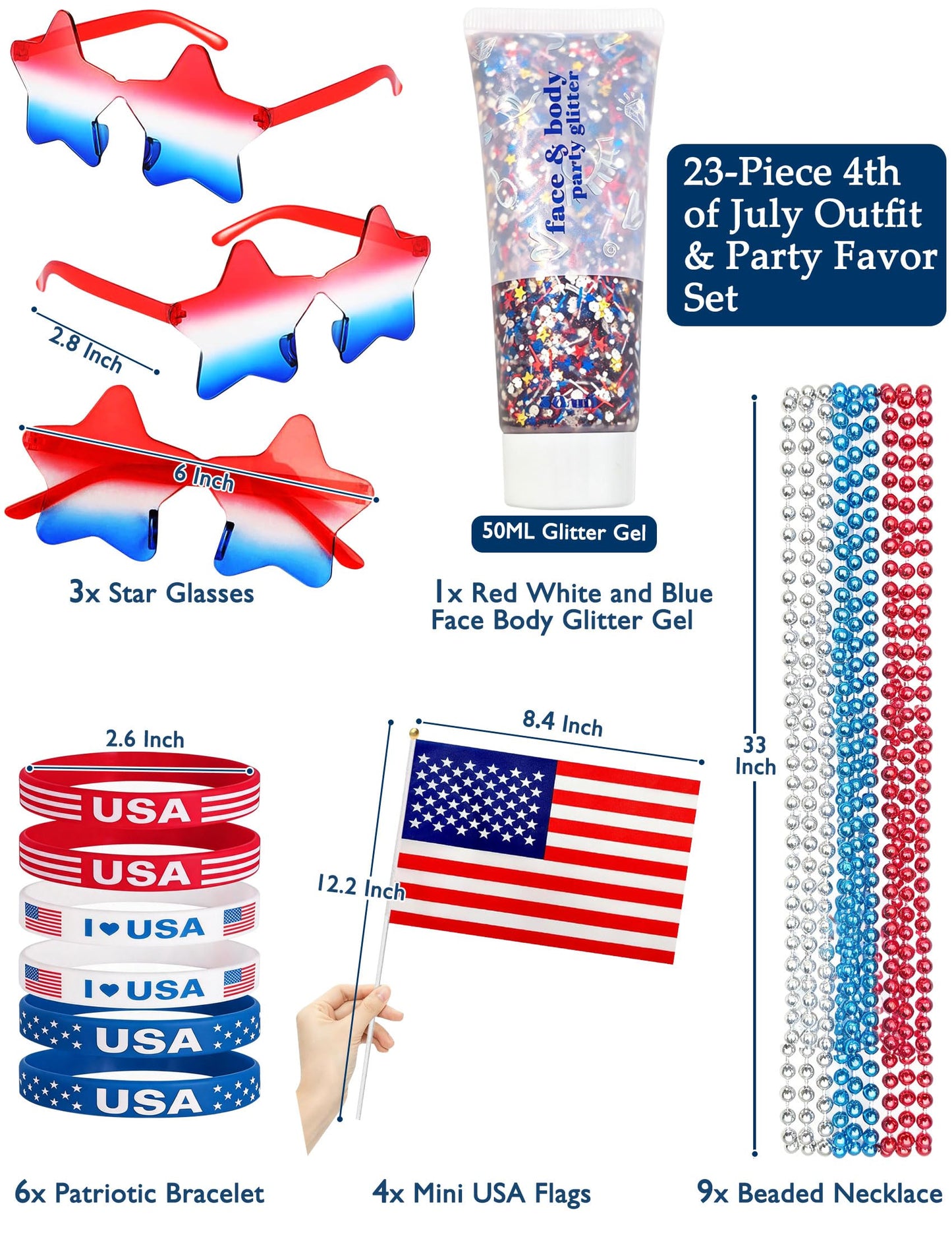 4th of July Outfits for Women, Red White and Blue Face Body Glitter Gel, 9Pcs Necklaces, 6Pcs Silicone Bracelets, 4 Mini USA Flags, 3 Pairs Star Beauty & Personal Care Qaeshi