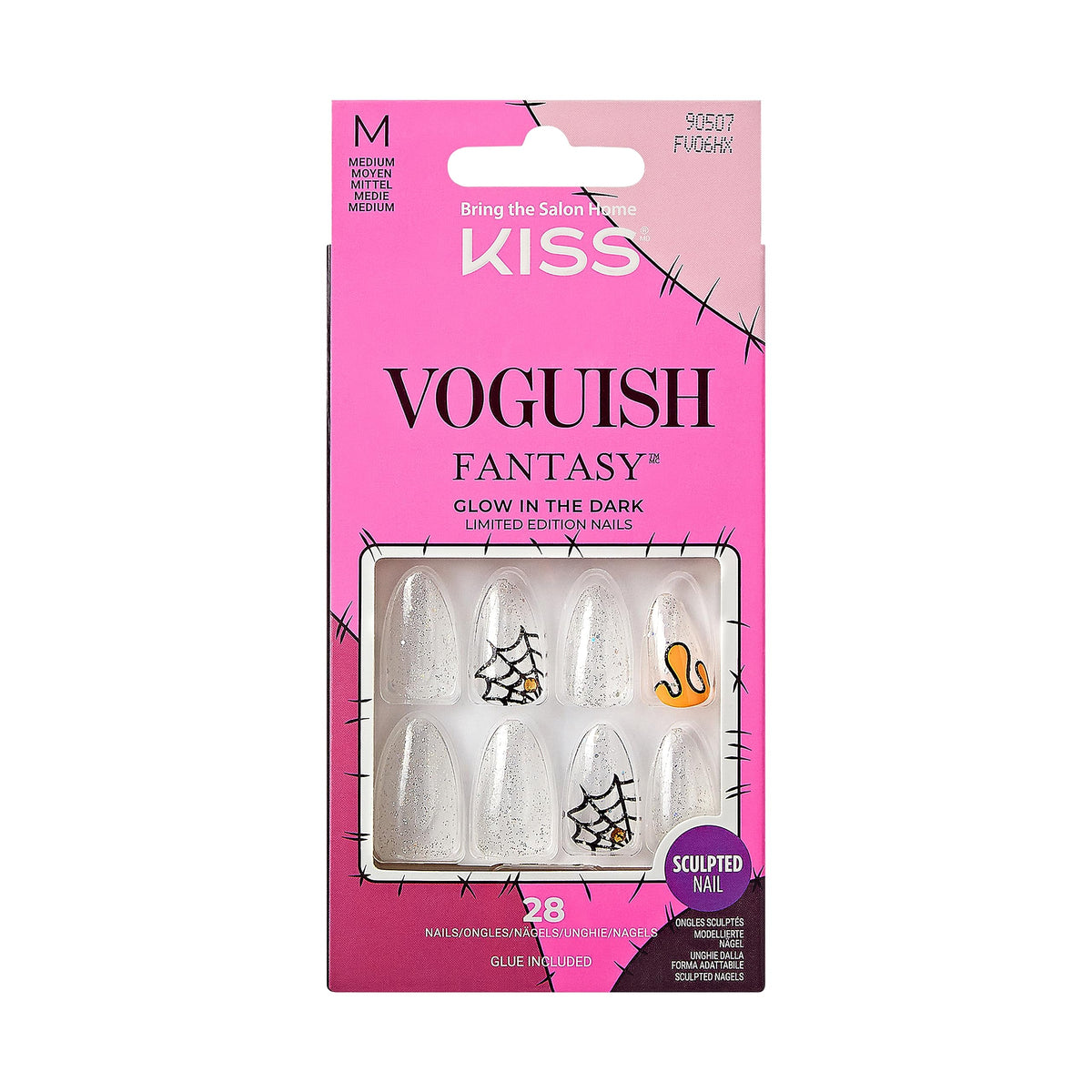 KISS Voguish Fantasy Halloween Nails, Black, Medium Length, Almond Shape, Pink Gel Nail Glue (2g), Mini Nail File, Manicure Stick, & 28 Fake Nails