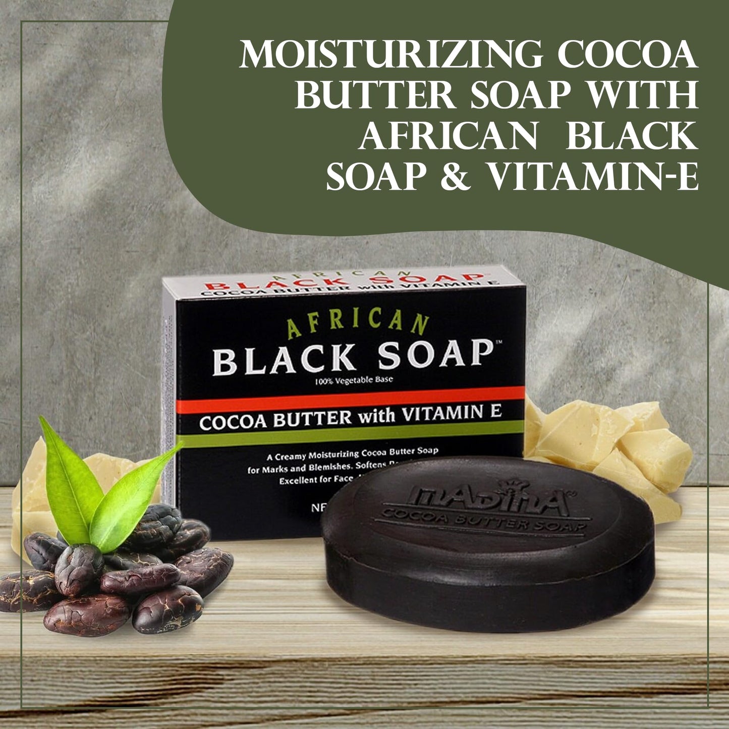 Madina African Black Soap Bar - Cocoa Butter, Vitamin E, Moisturizing, Skin-Restoring, Marks & Blemishes, Face & Body Cleanser, 100% Vegetable-Based Beauty & Personal Care Madina