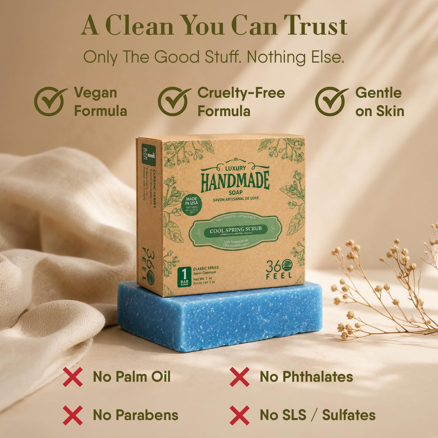 360Feel Cool Spring Scrub Soap - Made in The USA - Castile Handmade, All-Natural, Cold-Processed - Infused with Essential Oils for Gentle Exfoliation Beauty & Personal Care 360Feel