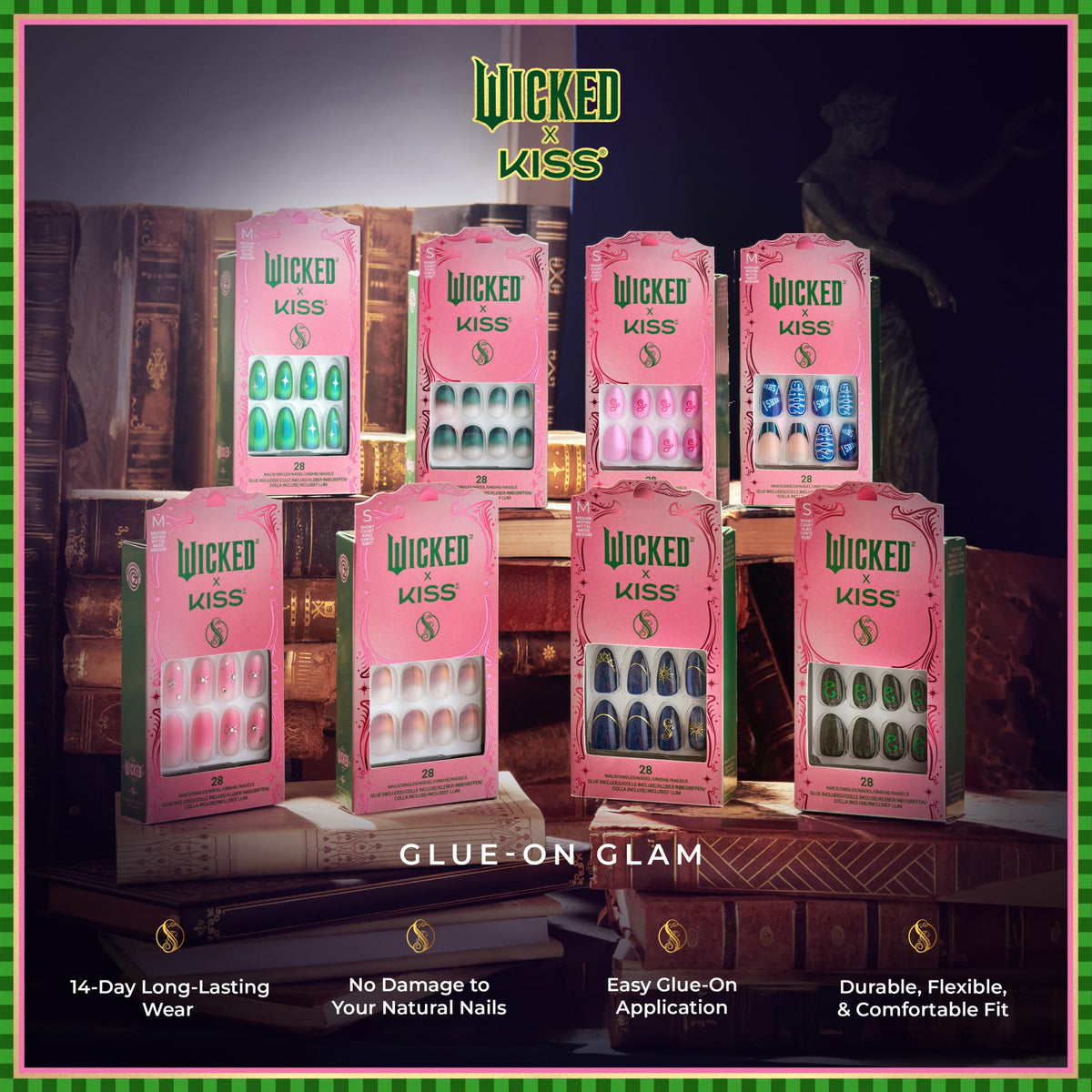 WICKED X KISS Press On Nails Almond, ‘I Look Good in Green’, Green, Short, Waterproof, Chip Proof, Smudge Proof, 28 Fake Nails, Pink Gel Nail Glue