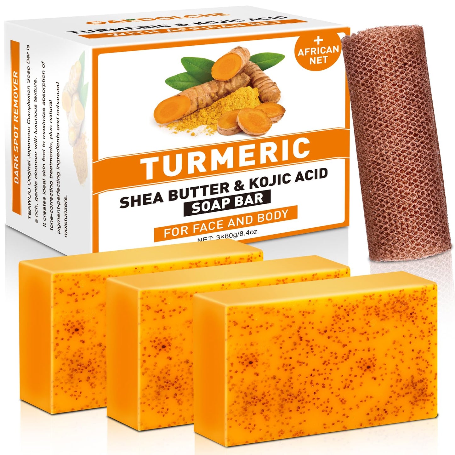 OAKDOLCHE 3P Turmeric Kojic Acid Soap Bars with African Exfoliating Net Sponge, Infused with Retinol, Vitamin E & Shea Butter - For Face & Body, SLS Beauty and Personal Care OAKDOLCHE Default Title