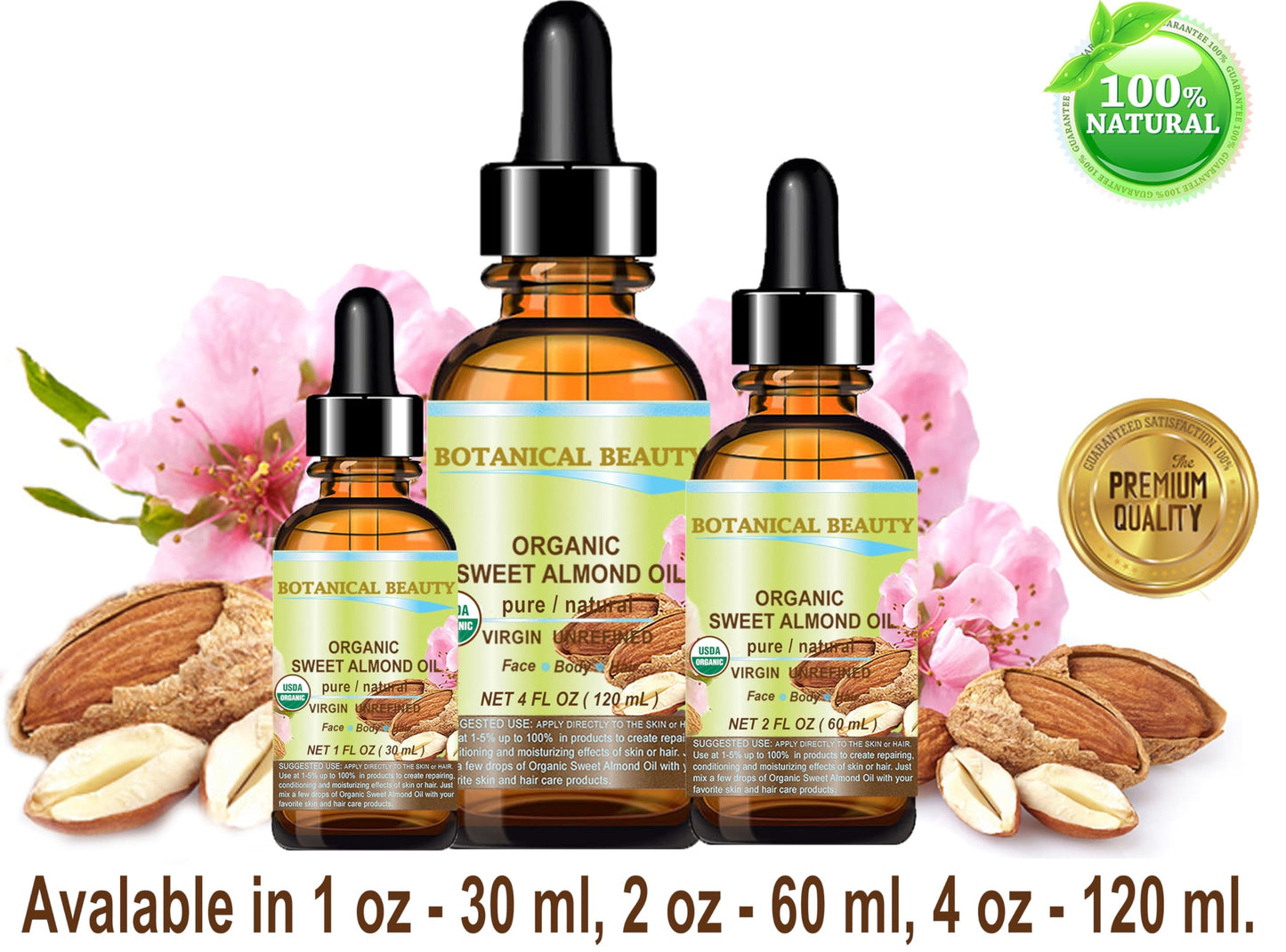 Botanical Beauty Organic SWEET ALMOND OIL 100% Pure Natural Virgin Unrefined Undiluted Cold Pressed Carrier Oil for Face, Skin, Body, Hair, Massage Beauty & Personal Care Botanical Beauty