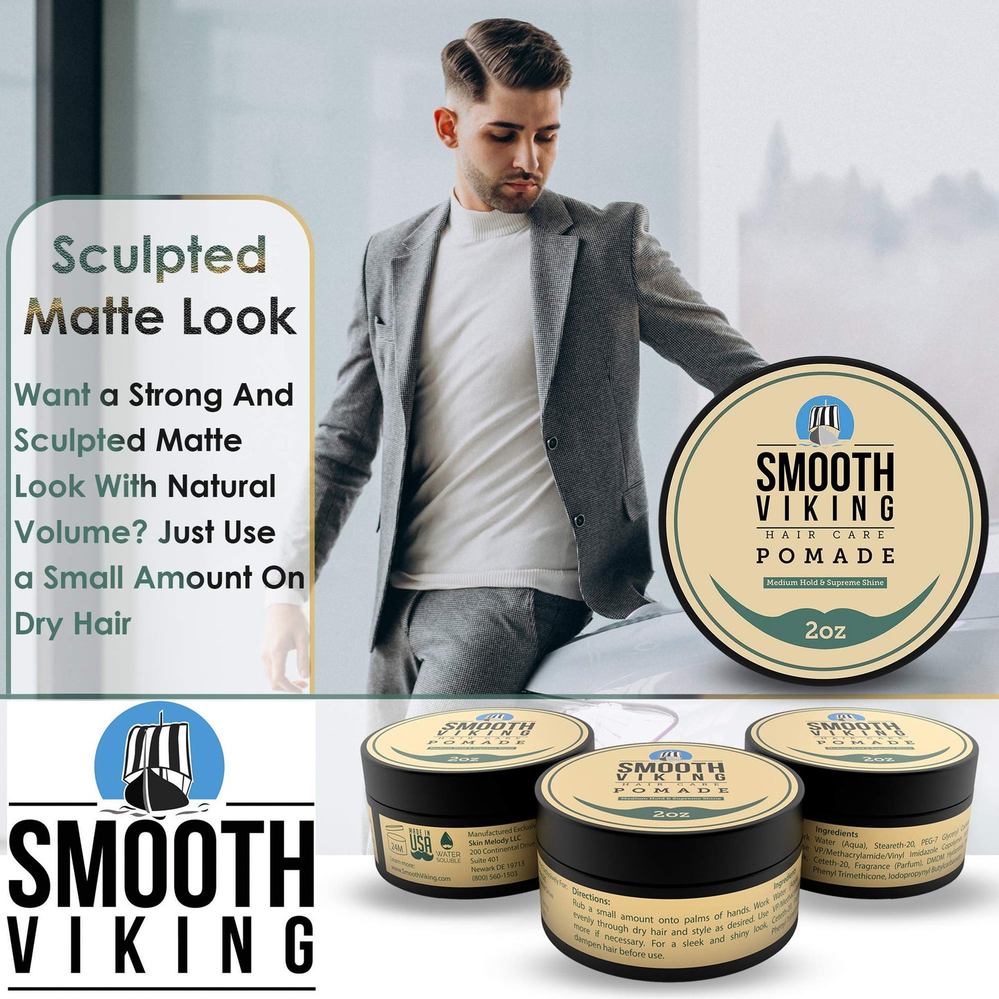 Smooth Viking Medium Hold & High Shine Pomade - Water Based Hair Cream for Curly, Thick & Straight Hair - Men's Hair Product - Made in USA, 2oz Beauty & Personal Care SMOOTH VIKING BEARD CARE