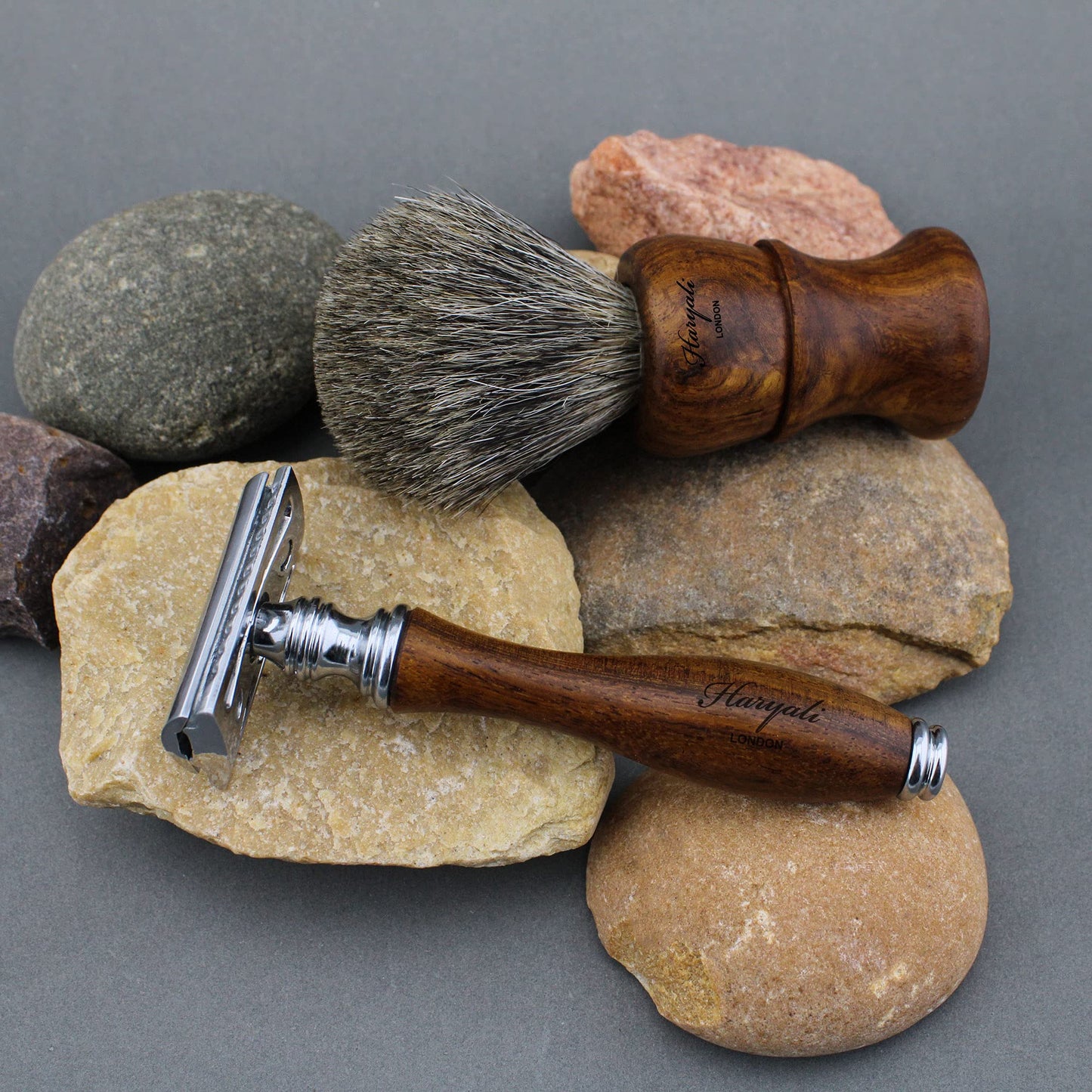 Haryali London Shaving Kit - 3 Pc Wooden Shaving Kit - Double Edge Safety Razor - Super Badger Shaving Brush - Shaving Stand from Wood and Stainless Beauty and Personal Care Haryali London