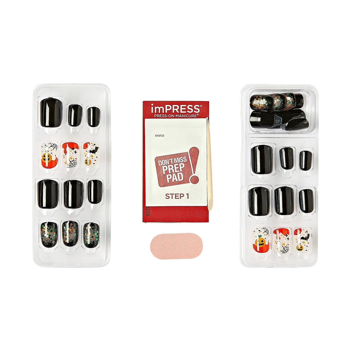 KISS imPRESS Press-On Manicure Halloween, Black, Short Length, Square Shape, PureFit Technology, Chip Proof, Smudge Proof, Waterproof, Prep Pad, Mini