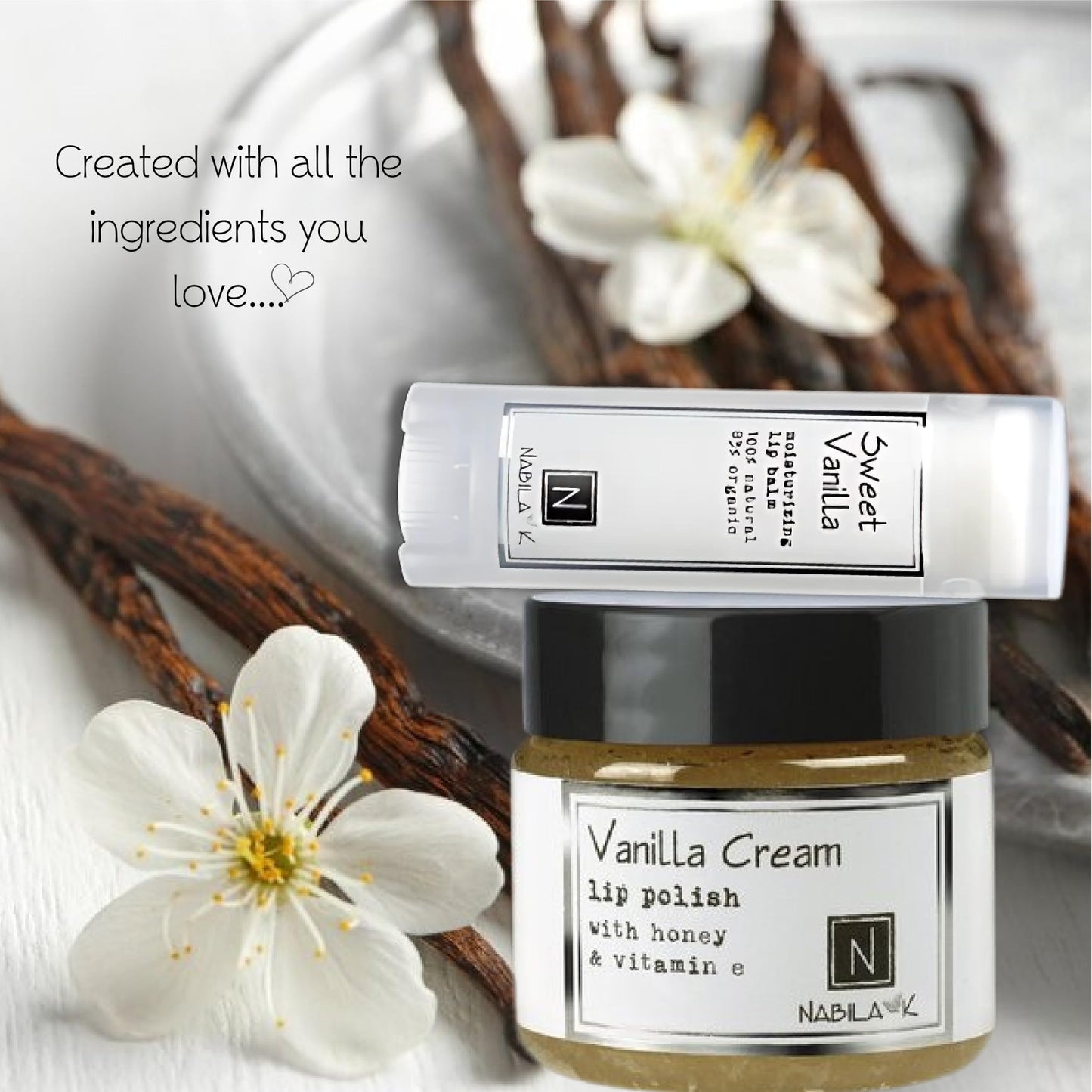 Vanilla Kisses Lip Set - Vanilla Cream Lip Polish & Organic Lip Balm - Exfoliate & Hydrate - Perfect Stocking Stuffer & Gift Set Beauty and Personal Care Nabila K