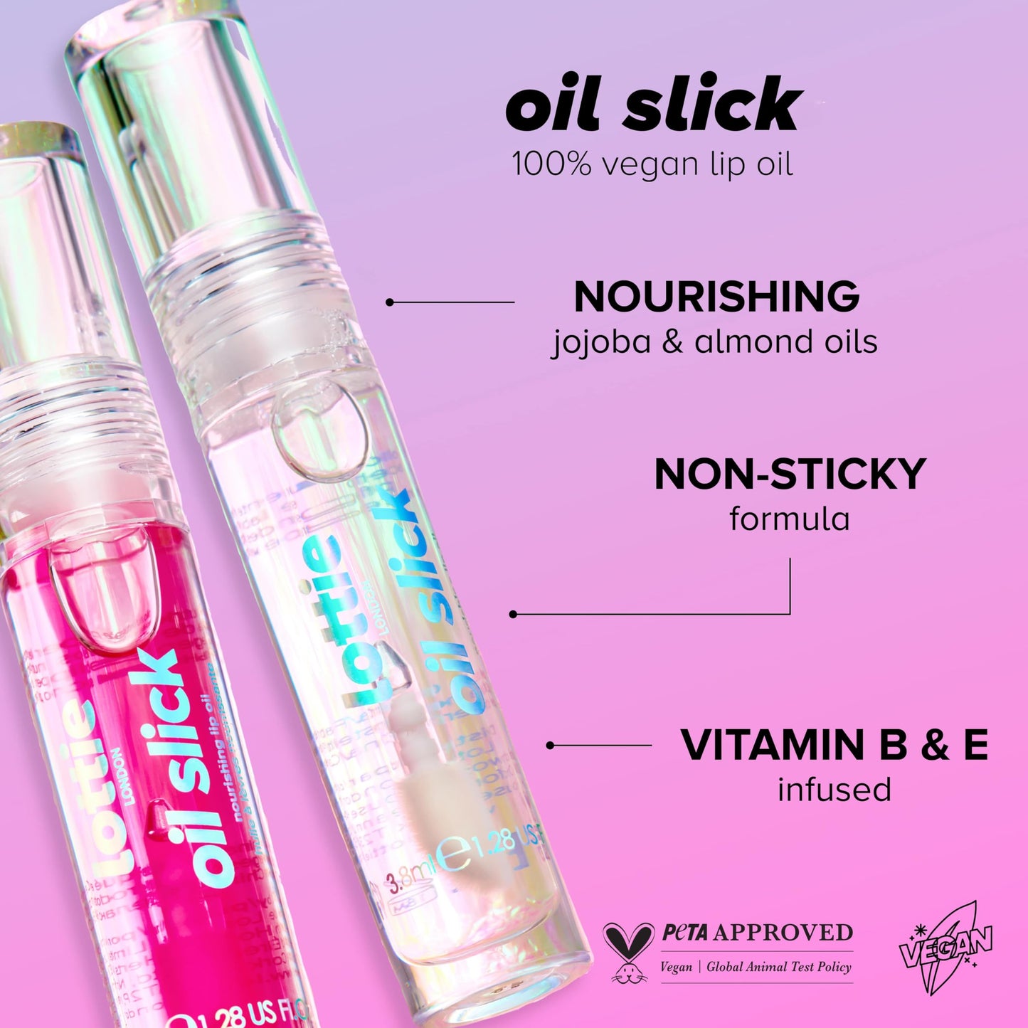 Lottie London Oil Slick in Vanilla Whip, Nourishing & Hydrating Lip Oil Infused with Vitamin E, Vitamin B, Almond Oil and Jojoba Oil, for a Non-sticky Beauty and Personal Care Lottie London