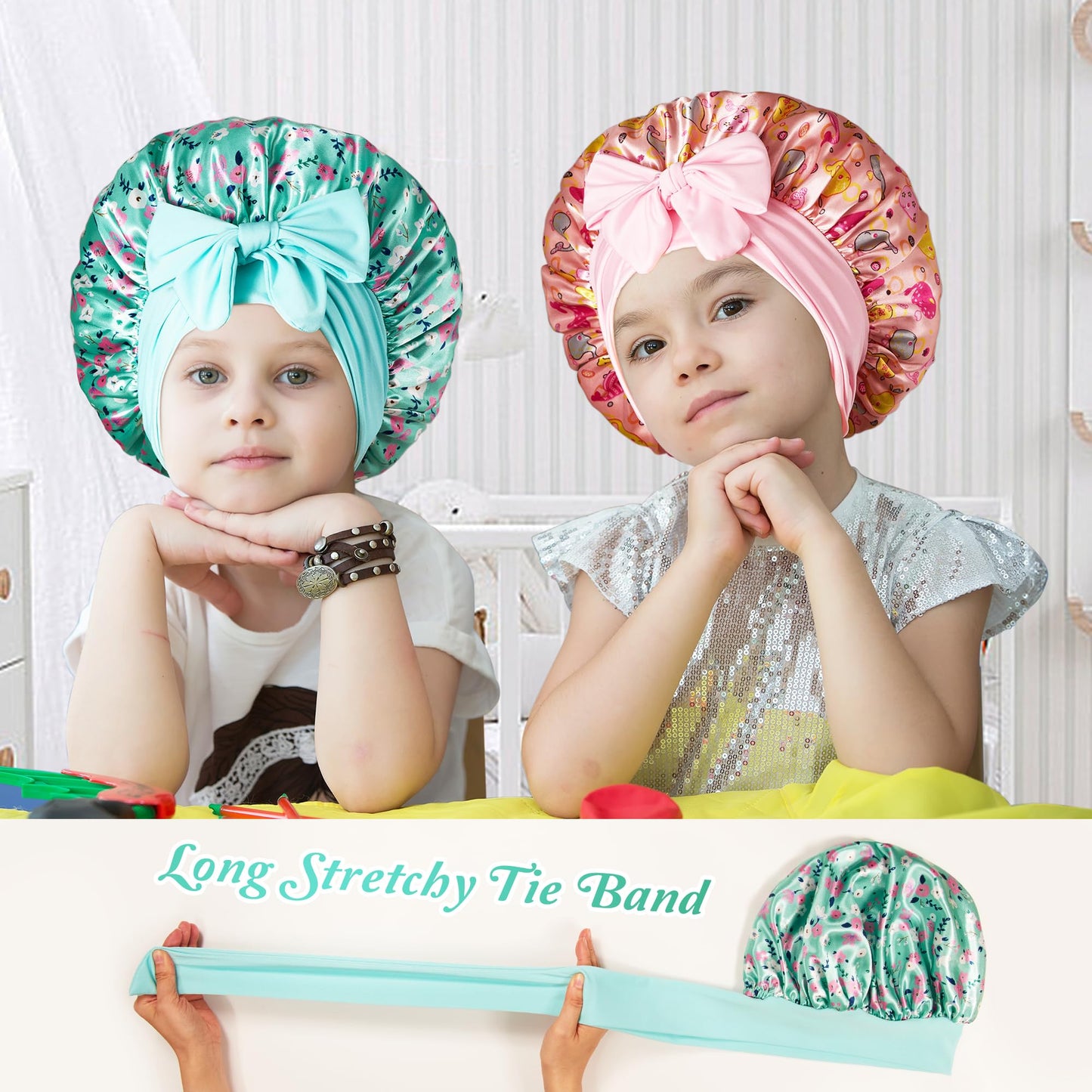 choshion 2 PCS Kids Bonnets for Girls, Silk Bonnet for Kids, Satin Silk Hair Bonnet for Sleeping with Tie Band, Baby Toddler Teens Child Sleep Cap Beauty and Personal Care choshion