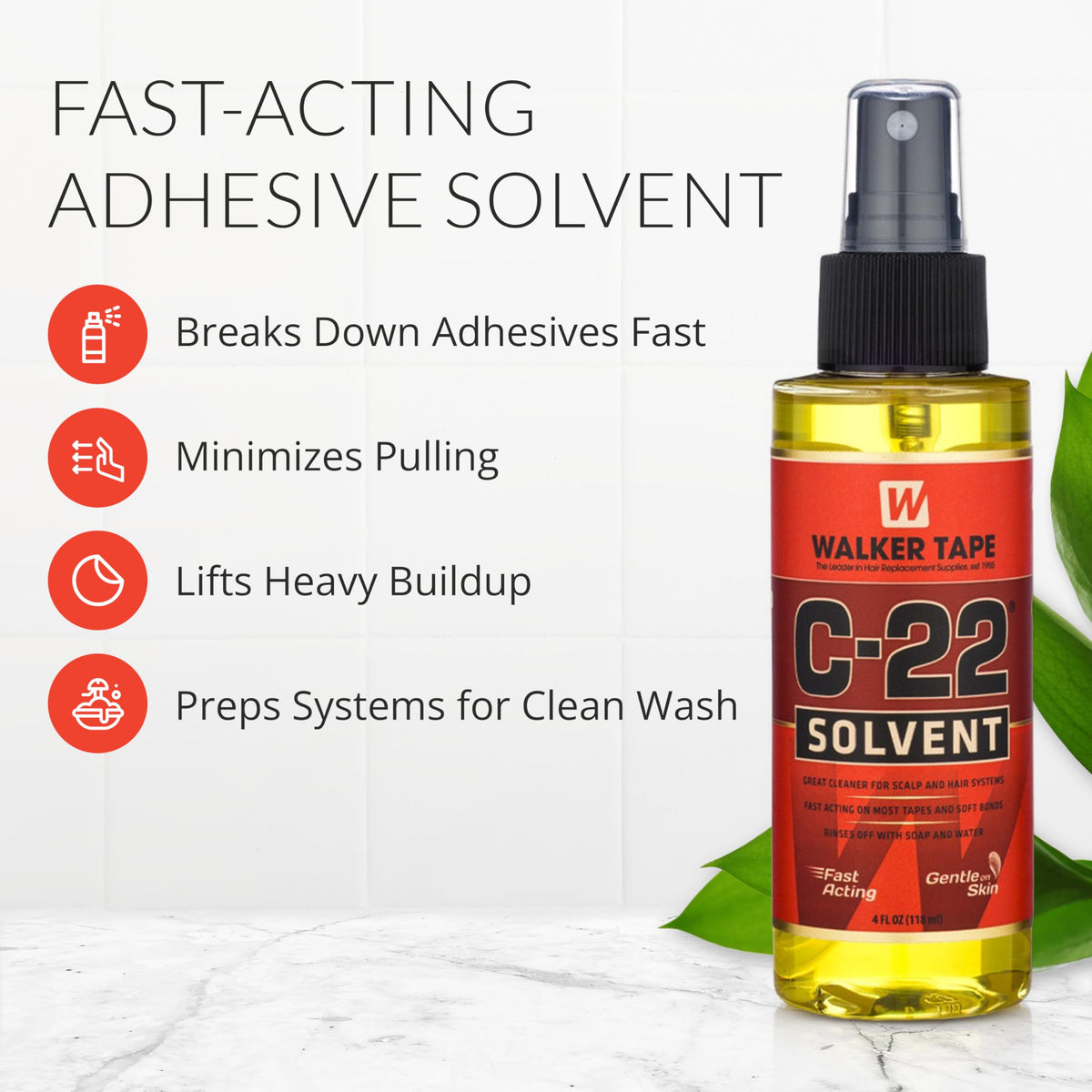 Walker Tape C-22 Solvent Spray 4 oz, Fast-Acting Adhesive Remover for Wig Tape, Lace Systems, and Tape in Hair Extensions Human Hair, Gentle Bond