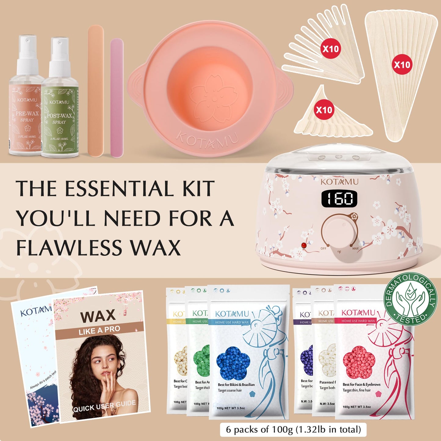 KOTAMU Waxing Kit for Women & Men, Professional Wax Warmer for Hair Removal with Silicone Pot, Wax Kit for Coarse Thick Fine Fuzzy Hair & Sensitive Beauty and Personal Care KOTAMU