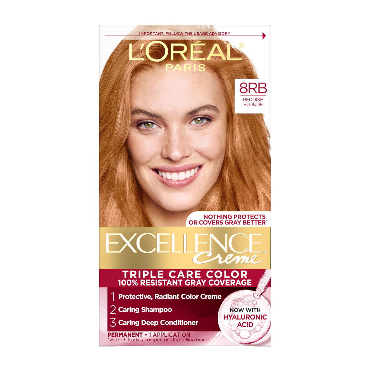 L'Oreal Paris Excellence Crème Permanent Hair Dye, Triple Care Hair Color with Pro-Keratine Complex for 100% Gray Hair Coverage, 8RB Reddish Blonde, 1 Beauty & Personal Care L'Oreal Paris