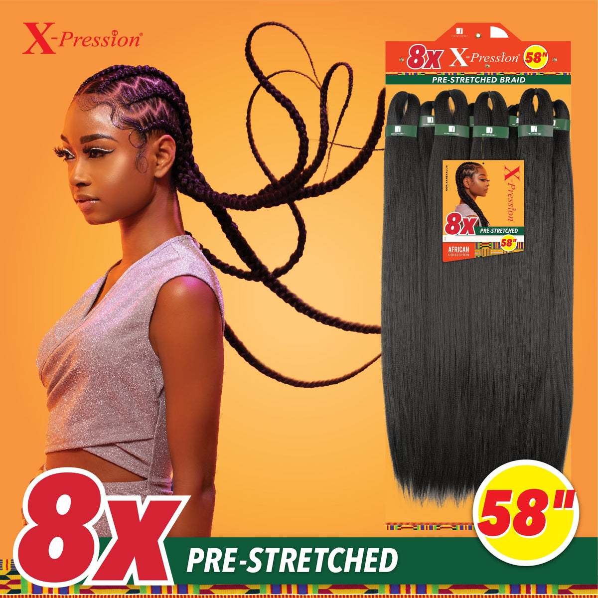 Sensationnel X-Pression Prestretched Braids-8X Braid 58in,1B OFFBLACK