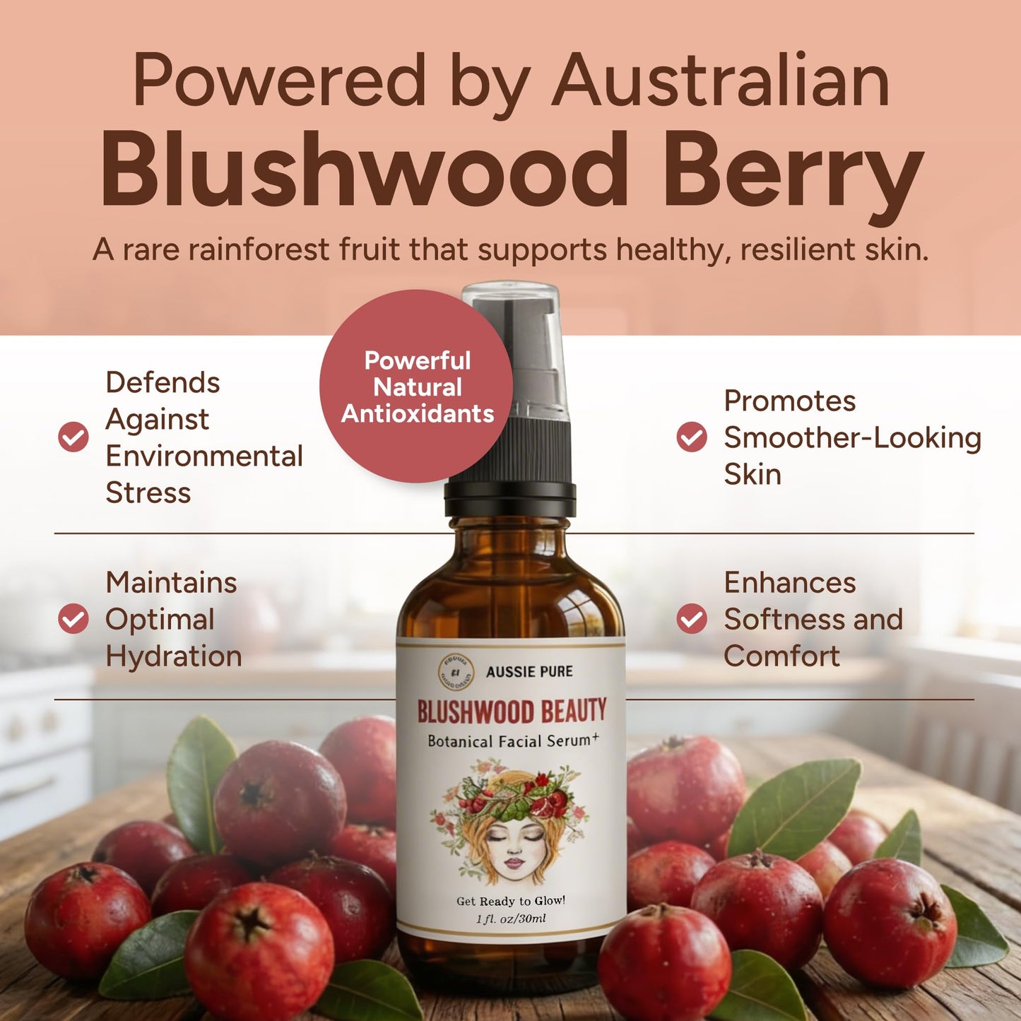 Aussie Pure Blushwood Beauty Botanical Facial Serum, Blushwood Berry (EBC-46) + Kakadu Plum Vitamin C, Antioxidant Hydrating Face Serum for Dewy Glow Beauty & Personal Care Aussie Pure