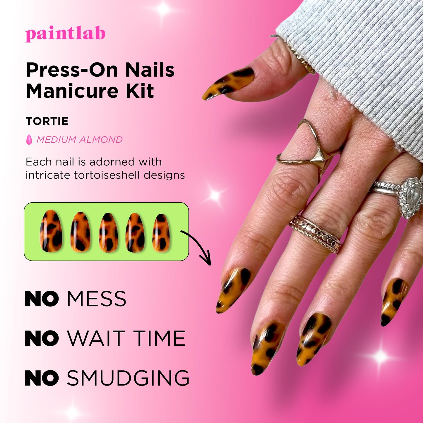 PaintLab Press-On Nails Manicure Kit, Tortie - Almond, 24-Piece Set, Long-Lasting Fake Nails with Glue, File, Prep Pad & Cuticle Stick Beauty & Personal Care PaintLab