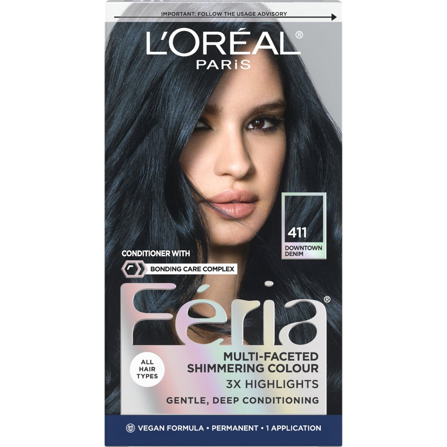 L'Oreal Paris Feria Multi-Faceted Shimmering Permanent Hair Color, 411 Downtown Denim, Pack of 1 Hair Dye Kit Beauty & Personal Care L'Oreal Paris