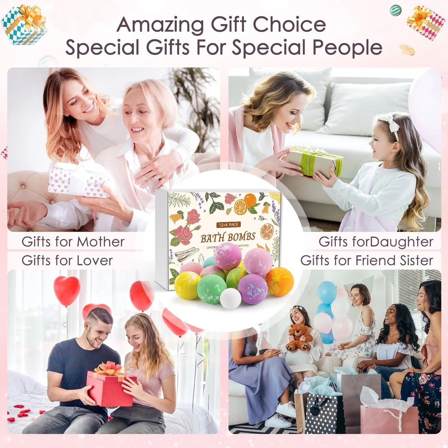 Bath Bombs 12 PCS Gift Set, Bubble Bombs Bath Kit 12 Bath Bombs and 4 Foot Bath Balls with 12 Scents, Colorful Natural Fizzy Spa Handmade Gift Beauty and Personal Care oCuZen